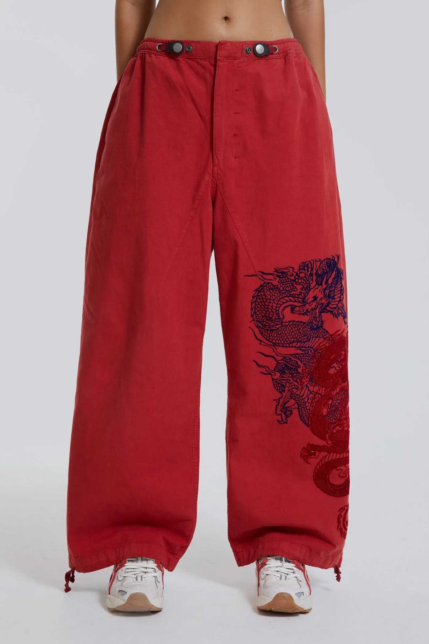 NY Dragon Flock Cargo Pants In Red