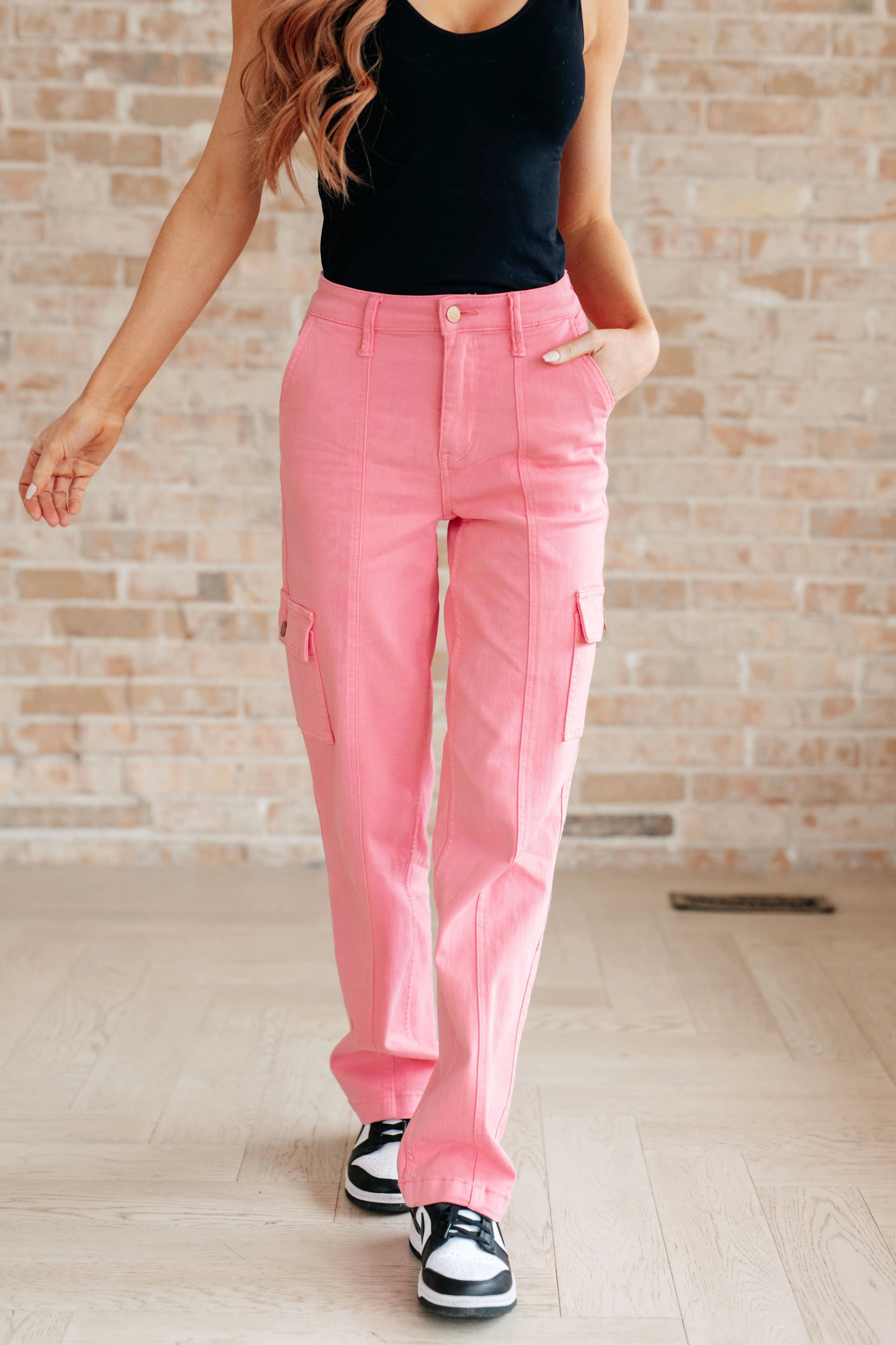 Peggy High Rise Cargo Straight Jeans in Pink - Judy Blue