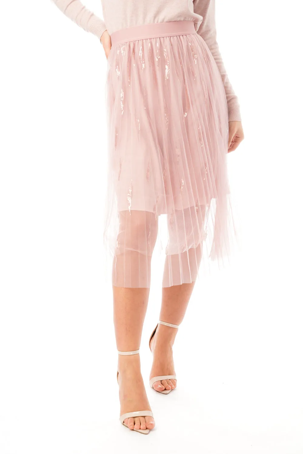 Pleated Mesh Midi Skirt with Feather Sequins