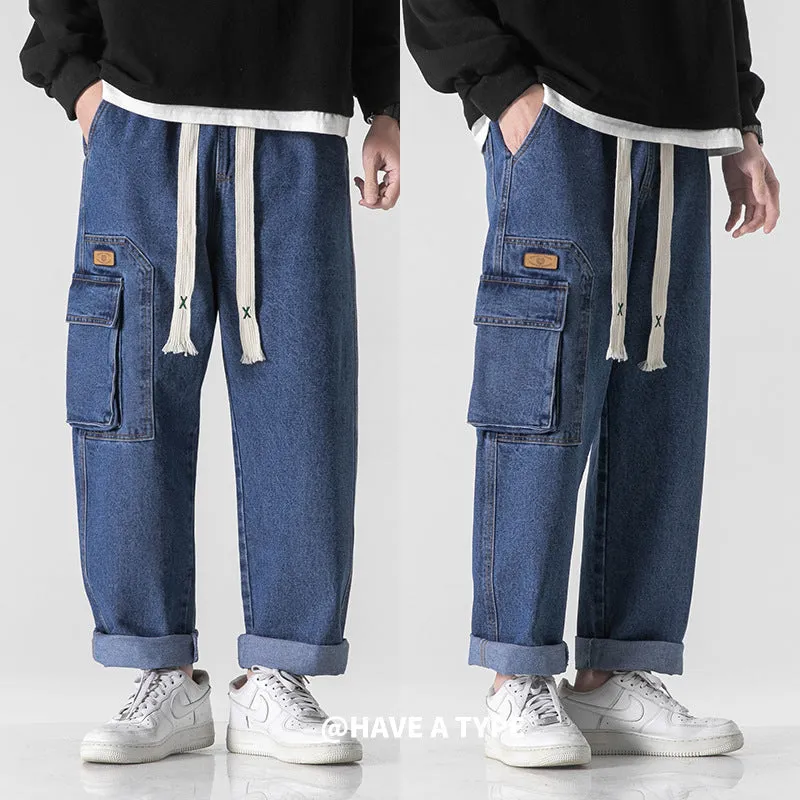 Plus Size Cargo Jeans Men's 2023 Spring Korean Youth Casual Straight Pants Drawstring Lace Elastic Trousers Men