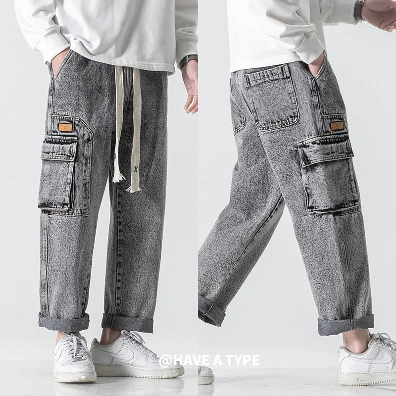 Plus Size Cargo Jeans Men's 2023 Spring Korean Youth Casual Straight Pants Drawstring Lace Elastic Trousers Men