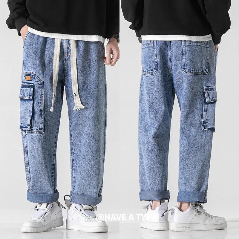 Plus Size Cargo Jeans Men's 2023 Spring Korean Youth Casual Straight Pants Drawstring Lace Elastic Trousers Men