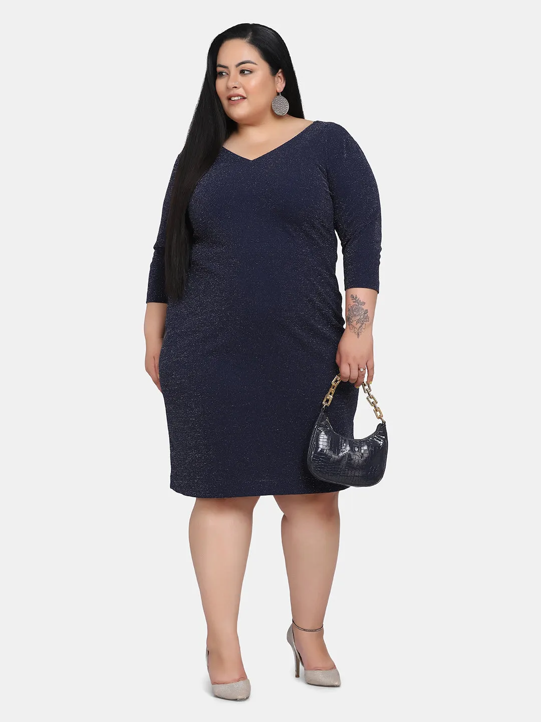 Plus size Shimmery Stretch Party Dress - Navy Blue