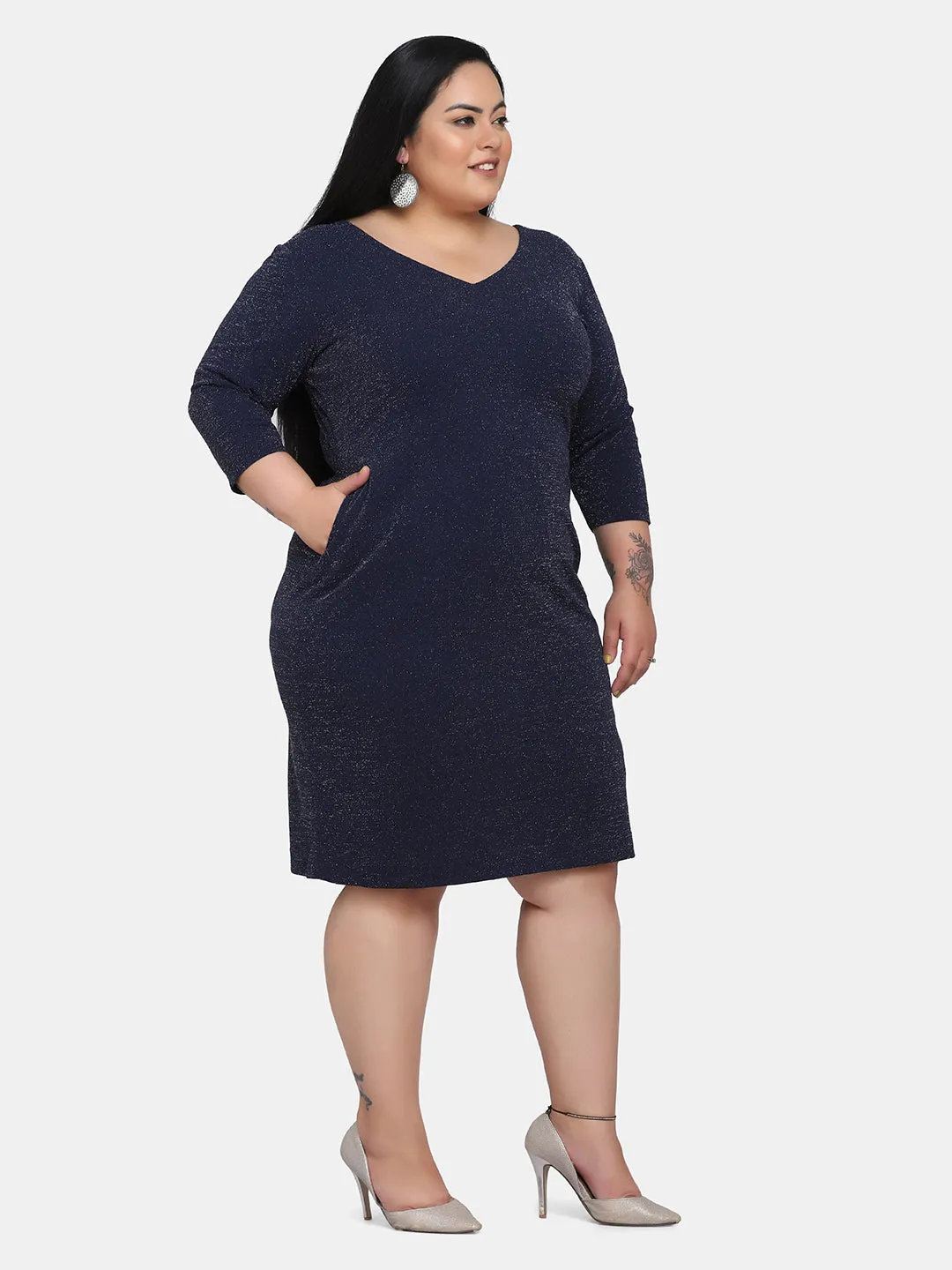 Plus size Shimmery Stretch Party Dress - Navy Blue