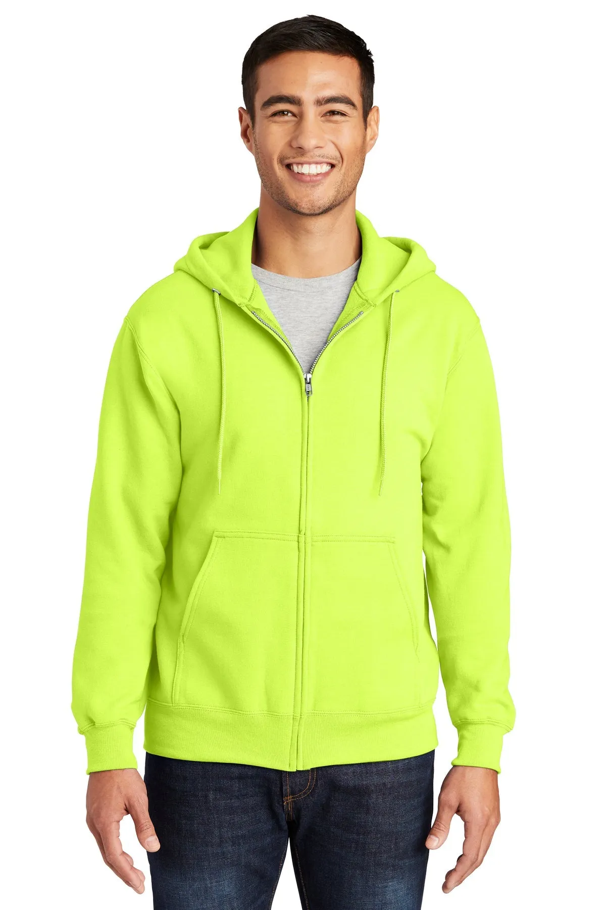 Port & Company Essential Fleece Branded Zip Hoodies, Safety Green