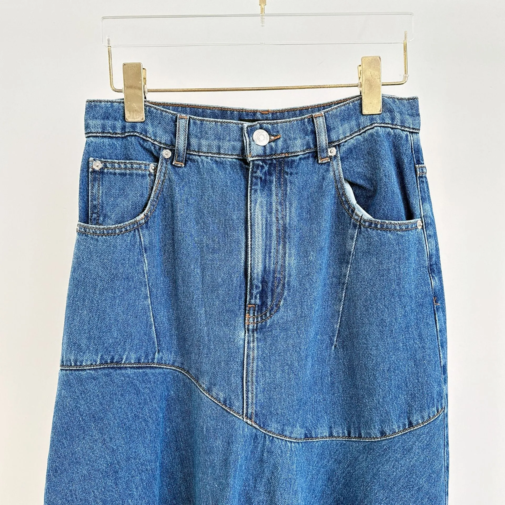 Pre Order:  Blue Splicing Irregular High Waist Denim Skirt