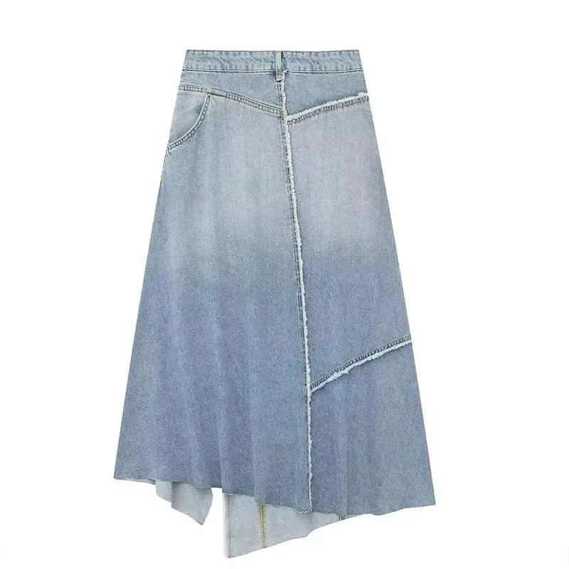 Pre Order:  Denim Patchwork Midi Jeans Skirt