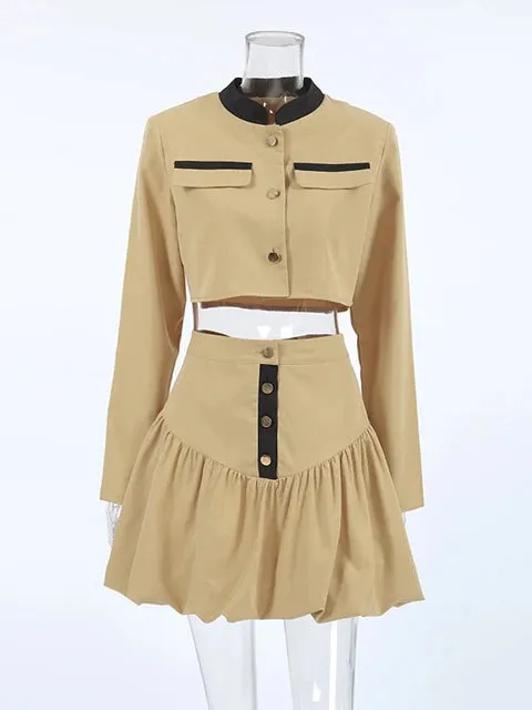 Pre Order: Khaki False Pockets Stand Collar Long Sleeve   Midi Skirt