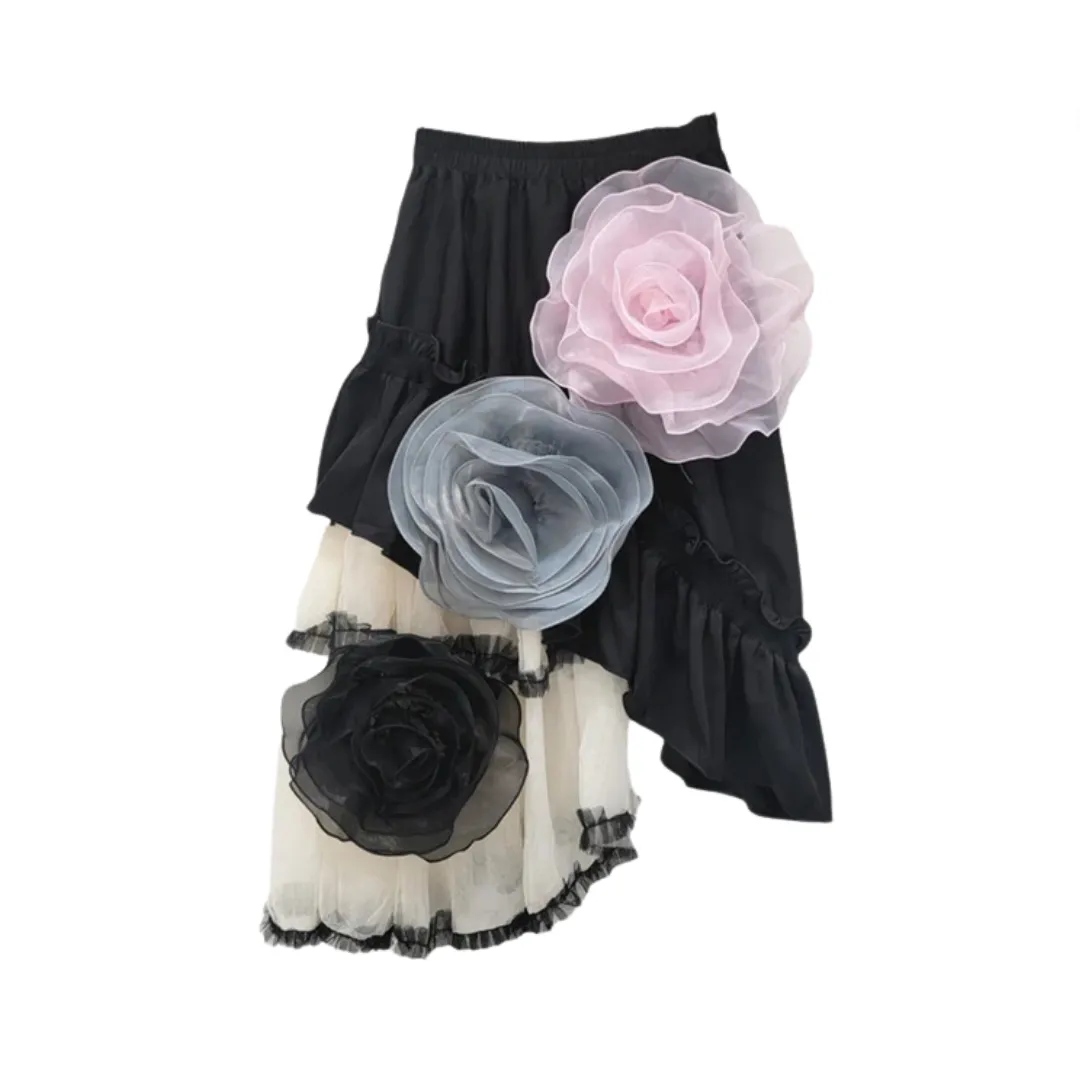 Pre Order:  Mesh Patchwork High Elastic Waist Flowers A-Line Skirt