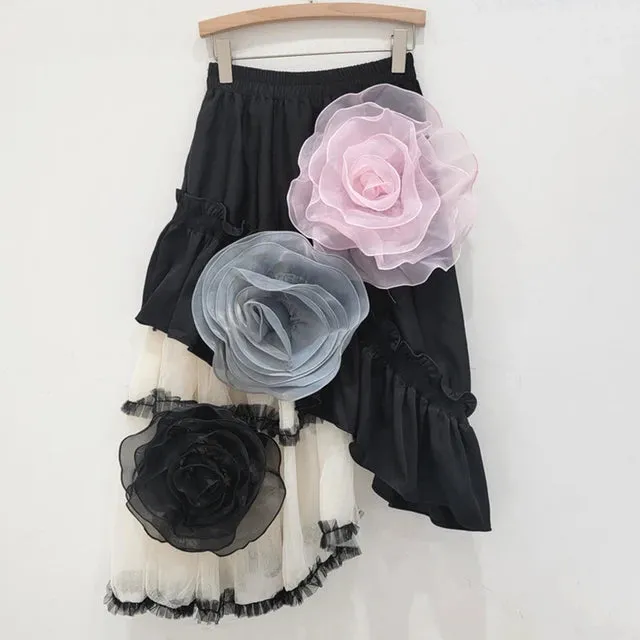 Pre Order:  Mesh Patchwork High Elastic Waist Flowers A-Line Skirt