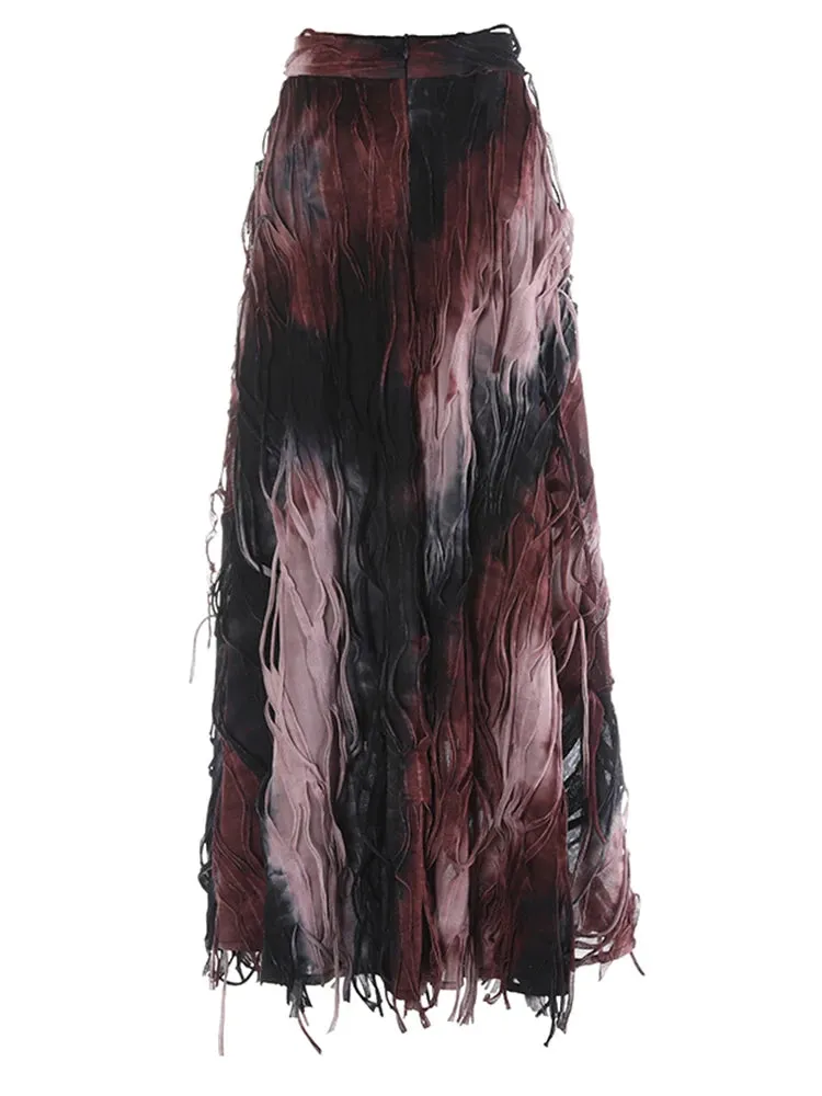 Pre Order: Tie Dye Fringe Midi Skirt