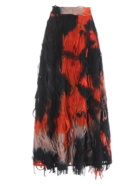 Pre Order: Tie Dye Fringe Midi Skirt