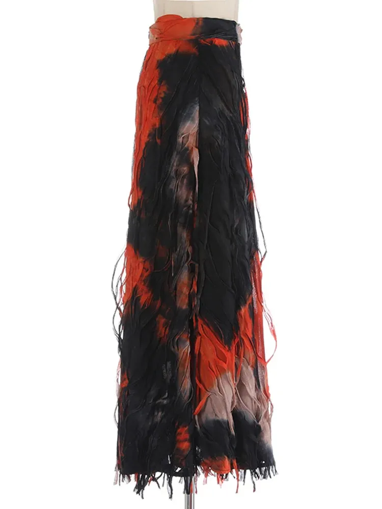 Pre Order: Tie Dye Fringe Midi Skirt