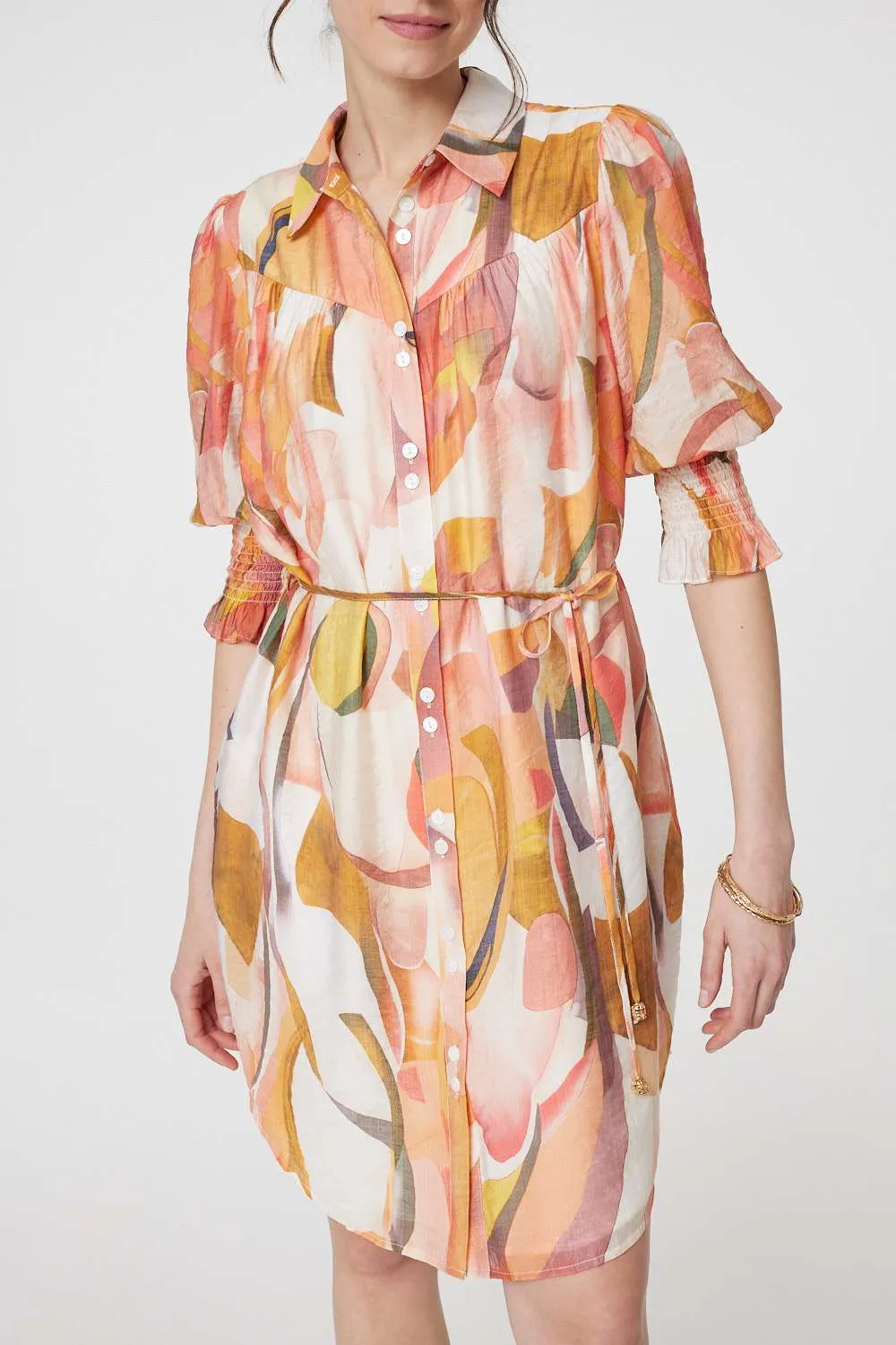 Printed 3/4 Puff Sleeve Shirt Dress