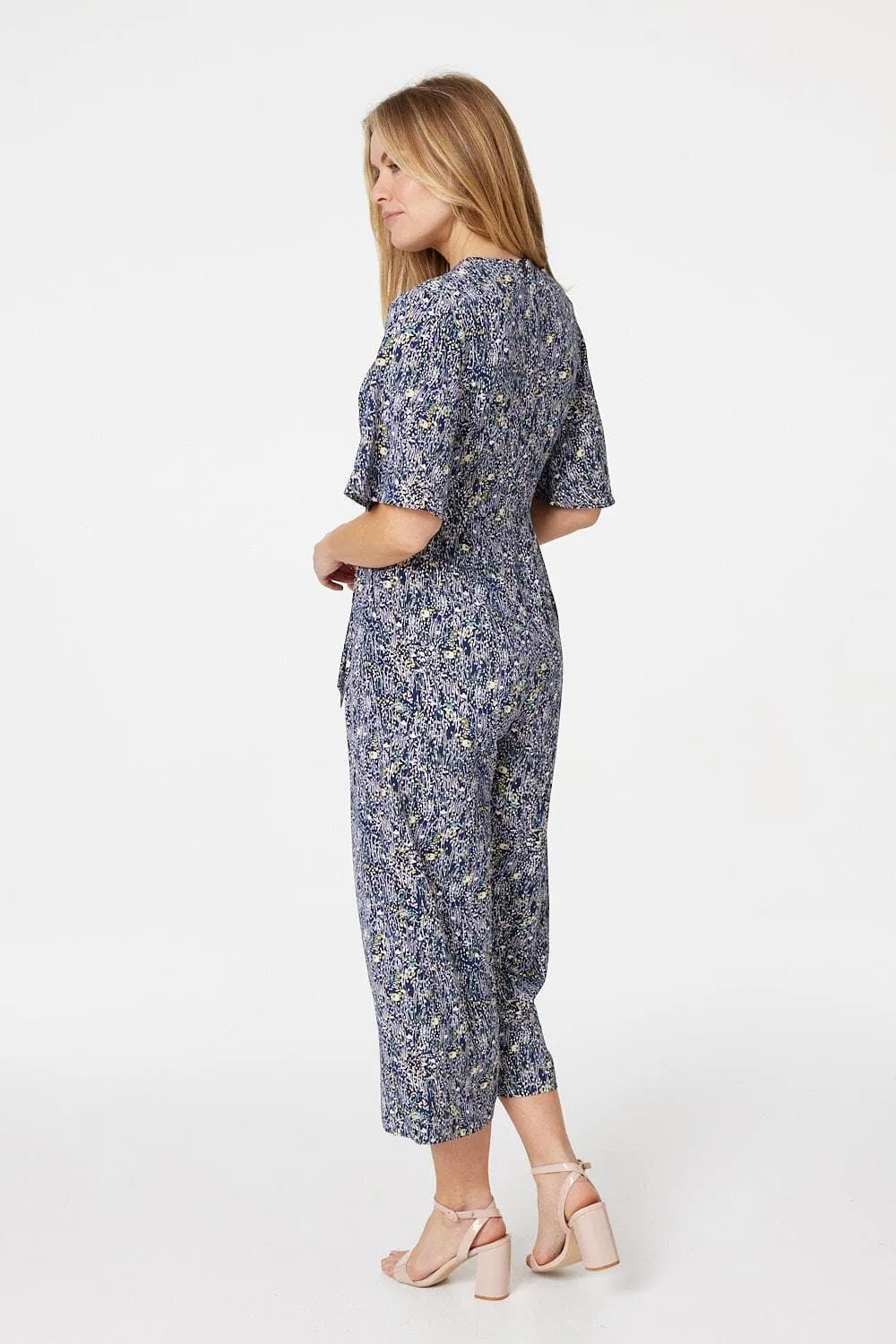 Printed Tie Front Wide Leg Jumpsuit