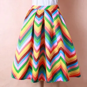 Rainbow Print High Waist Casual Party Skirt Swing Ball Gown Midi Tunic Vestidos Pin Up Rockabilly Vintage Skirt Skater Saias