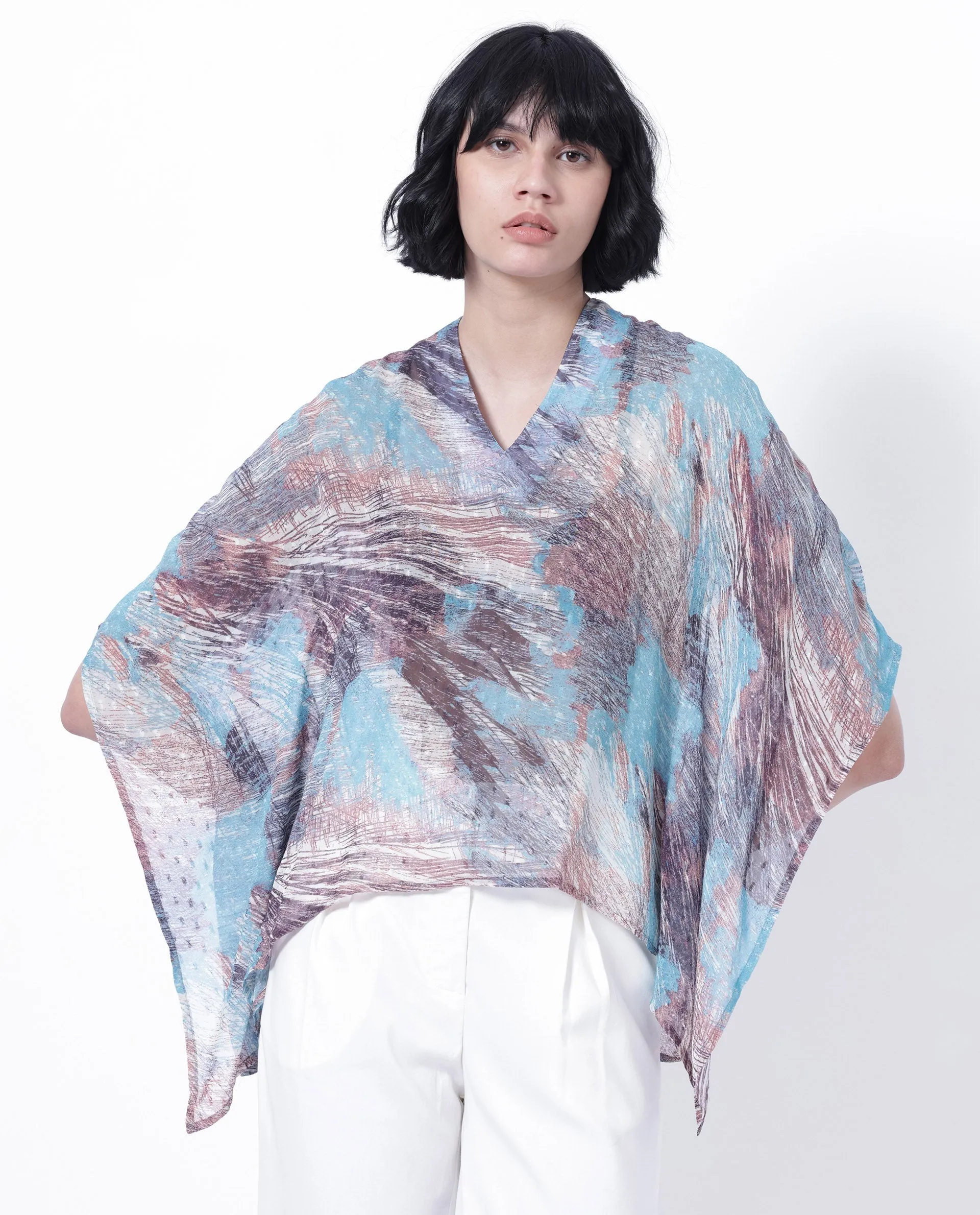 Rareism Women Sayne Blue Polyester Fabric Short Sleeves V-Neck Kimono Sleeve Regular Fit Abstract Print Asymmetric Top