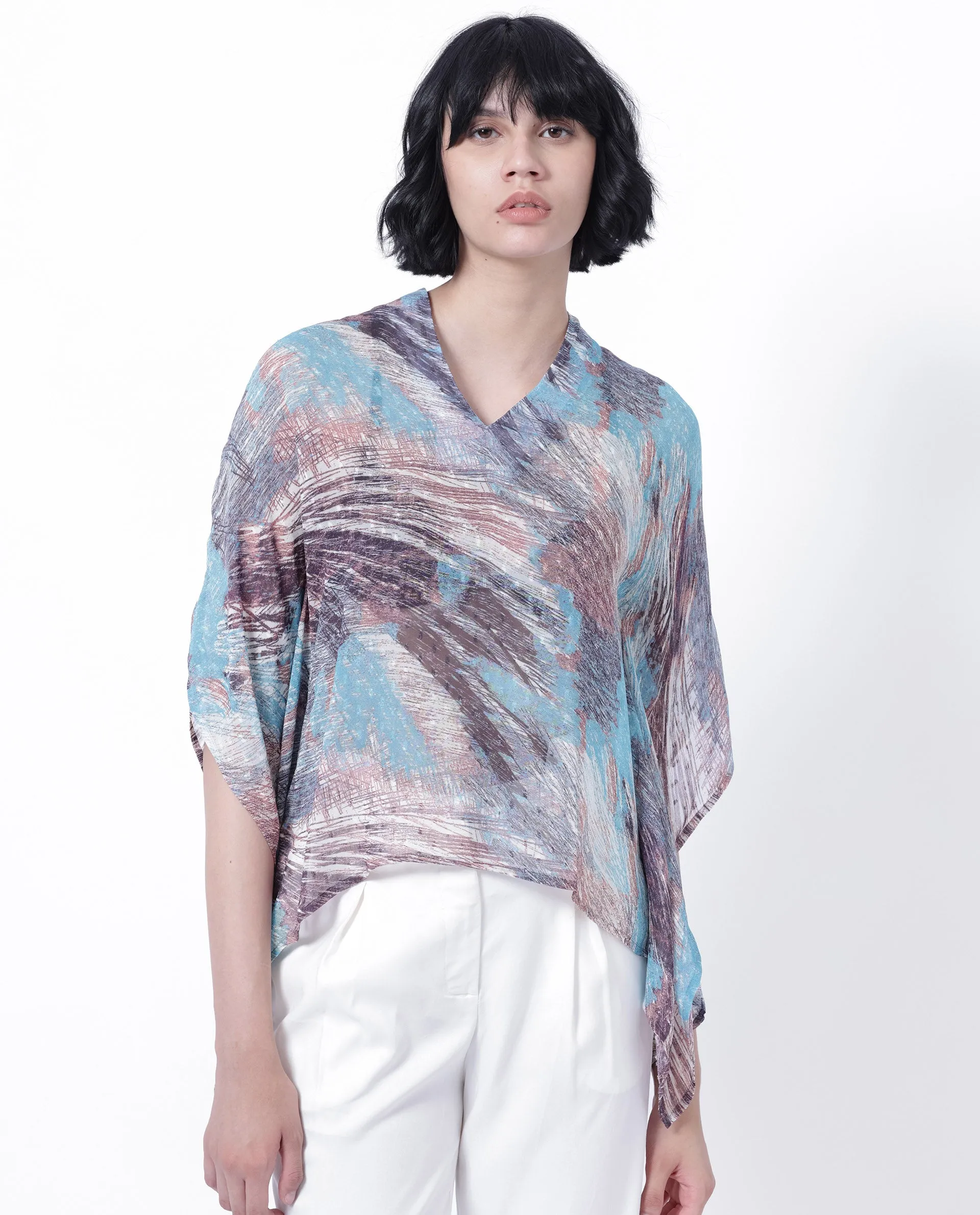 Rareism Women Sayne Blue Polyester Fabric Short Sleeves V-Neck Kimono Sleeve Regular Fit Abstract Print Asymmetric Top