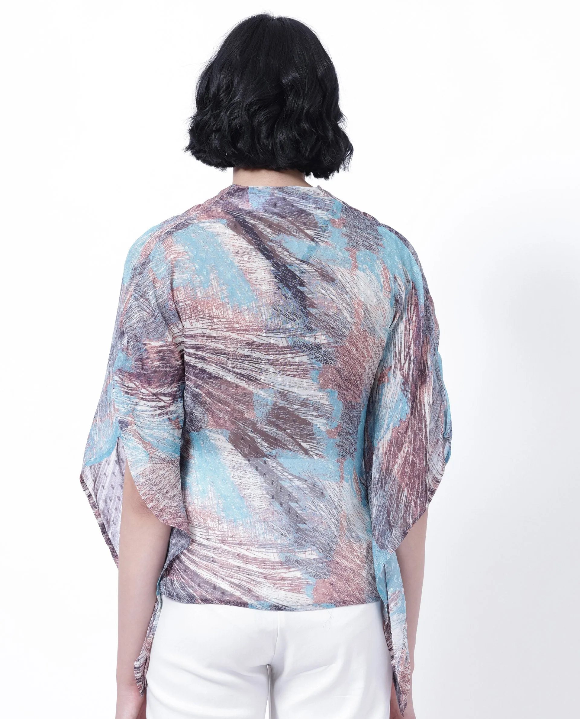 Rareism Women Sayne Blue Polyester Fabric Short Sleeves V-Neck Kimono Sleeve Regular Fit Abstract Print Asymmetric Top