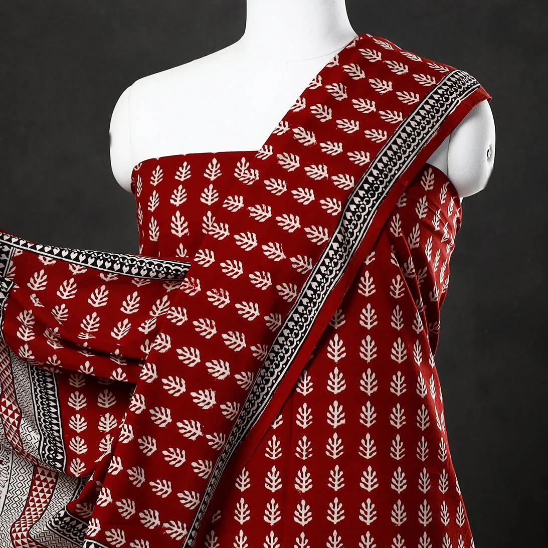 Red - 3pc Bagh Block Printed  Natural Dyed Cotton Suit Material Set 06