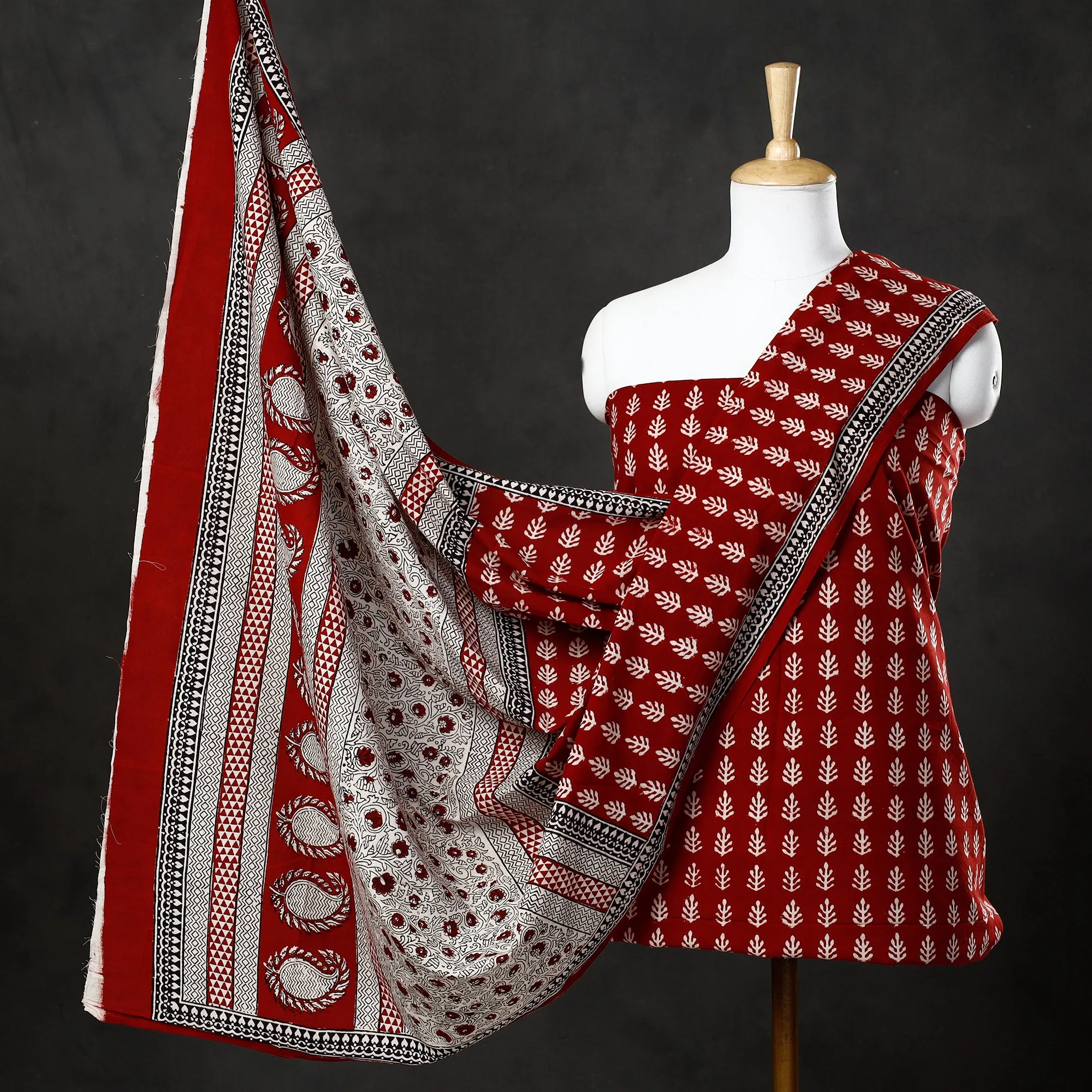 Red - 3pc Bagh Block Printed  Natural Dyed Cotton Suit Material Set 06