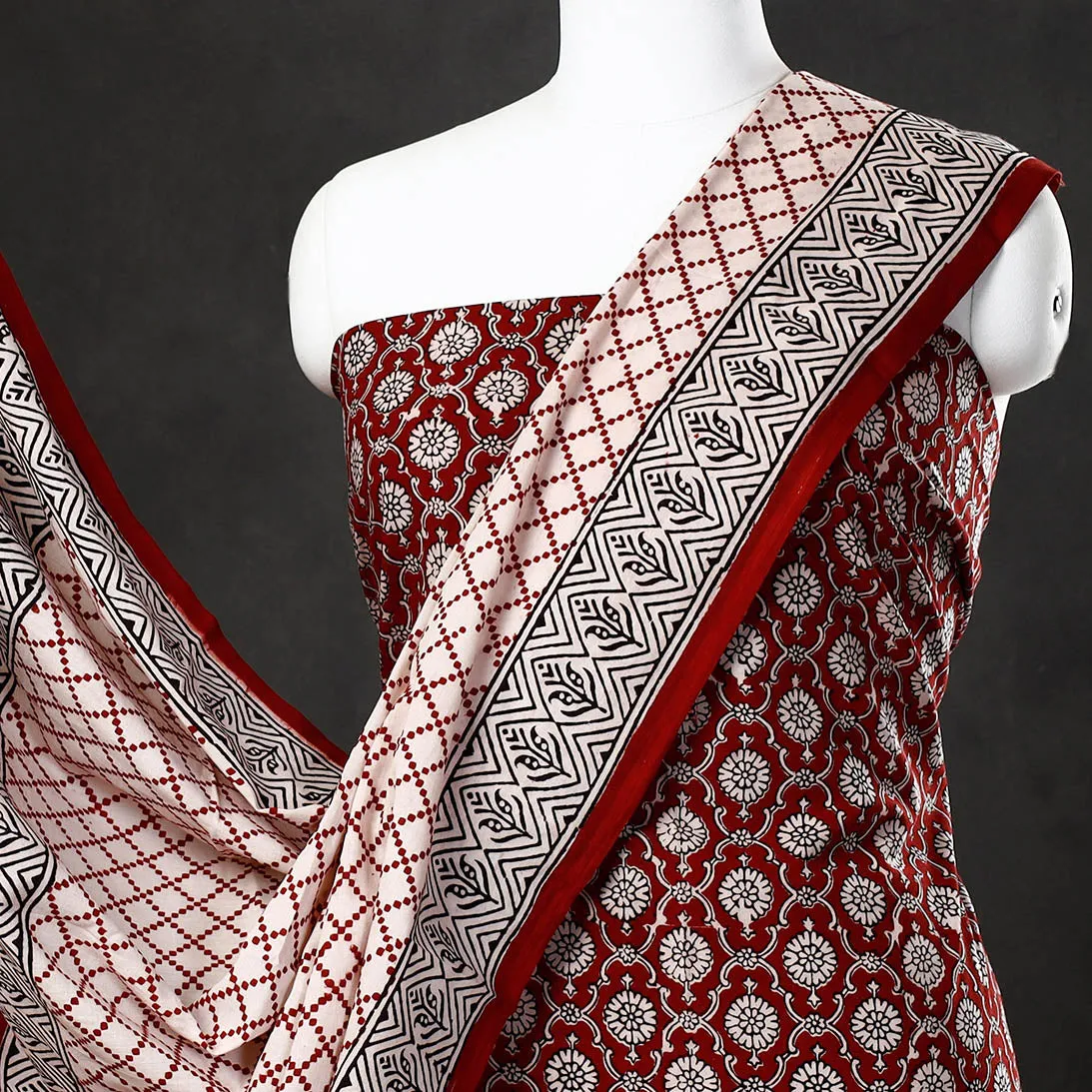 Red - 3pc Bagh Block Printed  Natural Dyed Cotton Suit Material Set 59