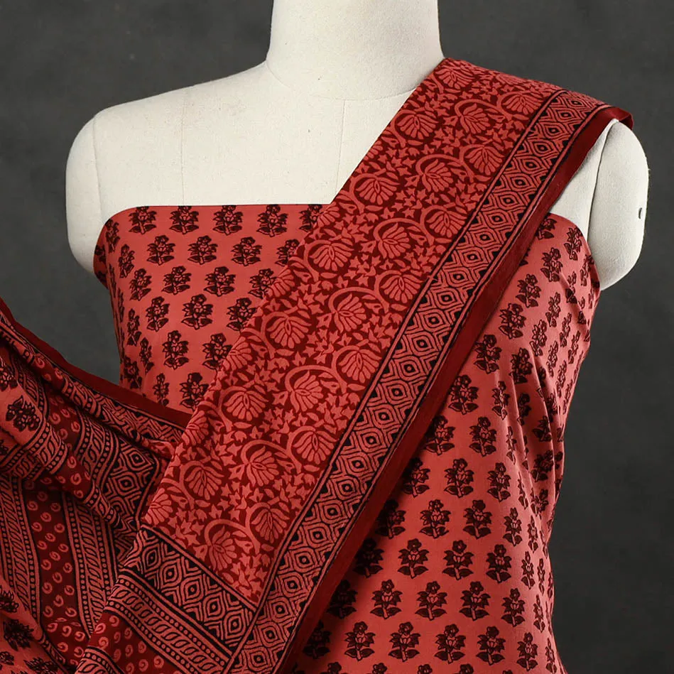 Red - 3pc Bagh Print Cotton Dress Material Set 41