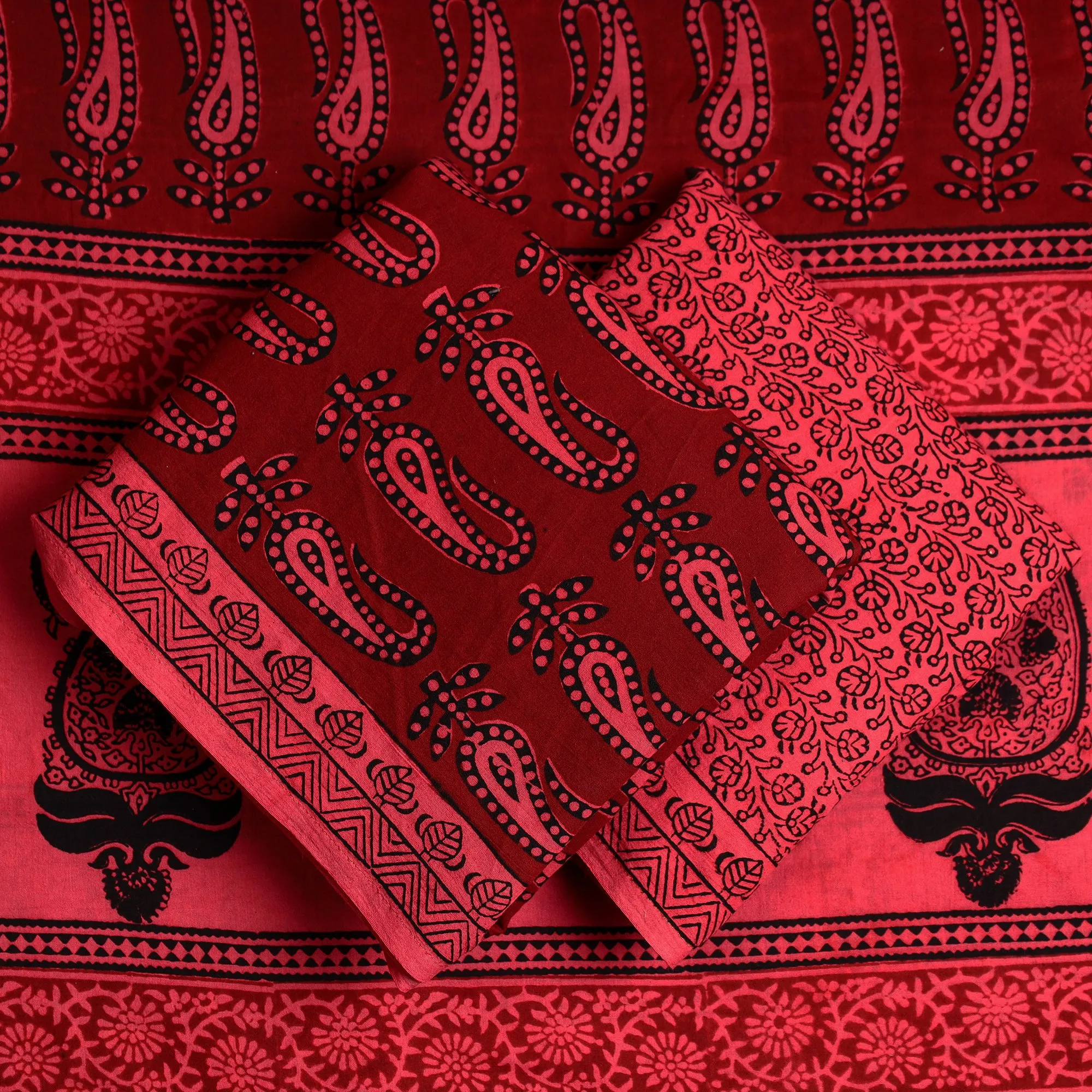 Red - 3pc Bagh Print Cotton Dress Material Set 69