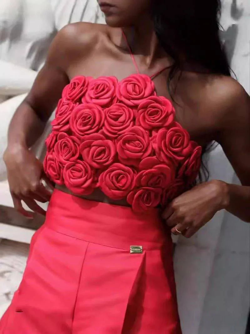 rose strappy backless crop top