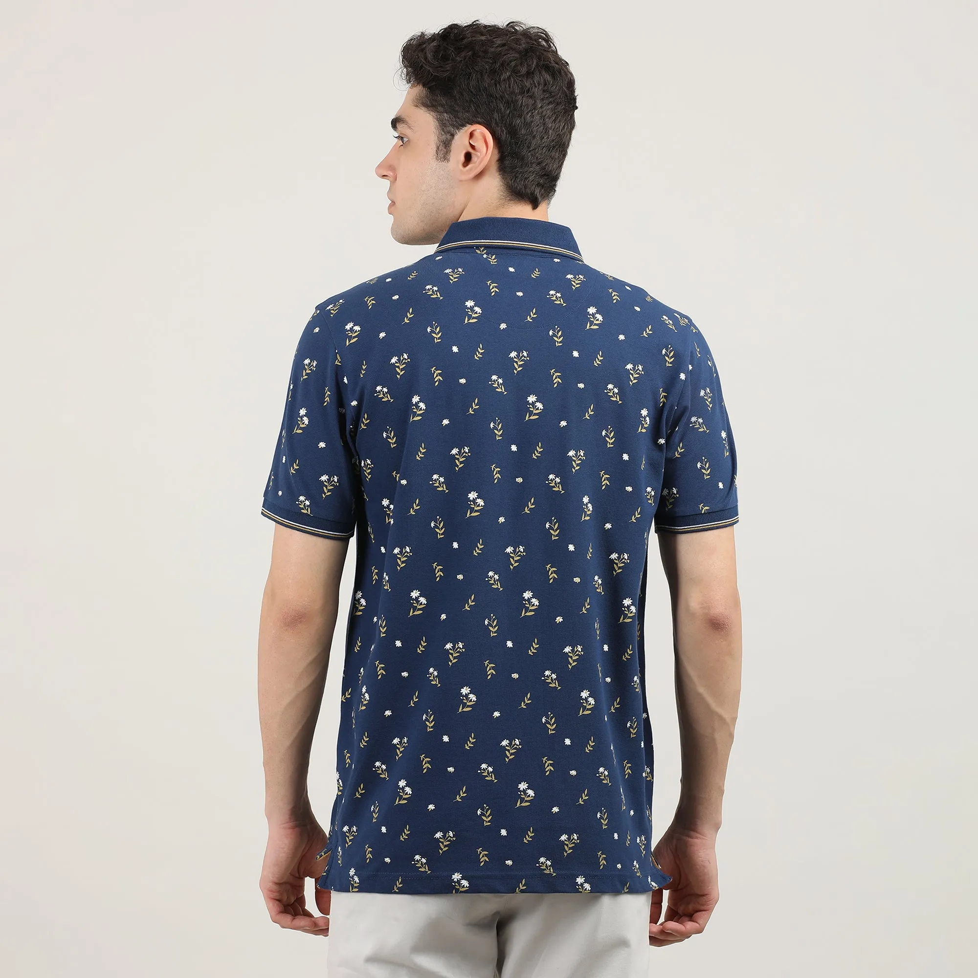 Royal Blue  Printed Polo T-shirt With Tipping Collar