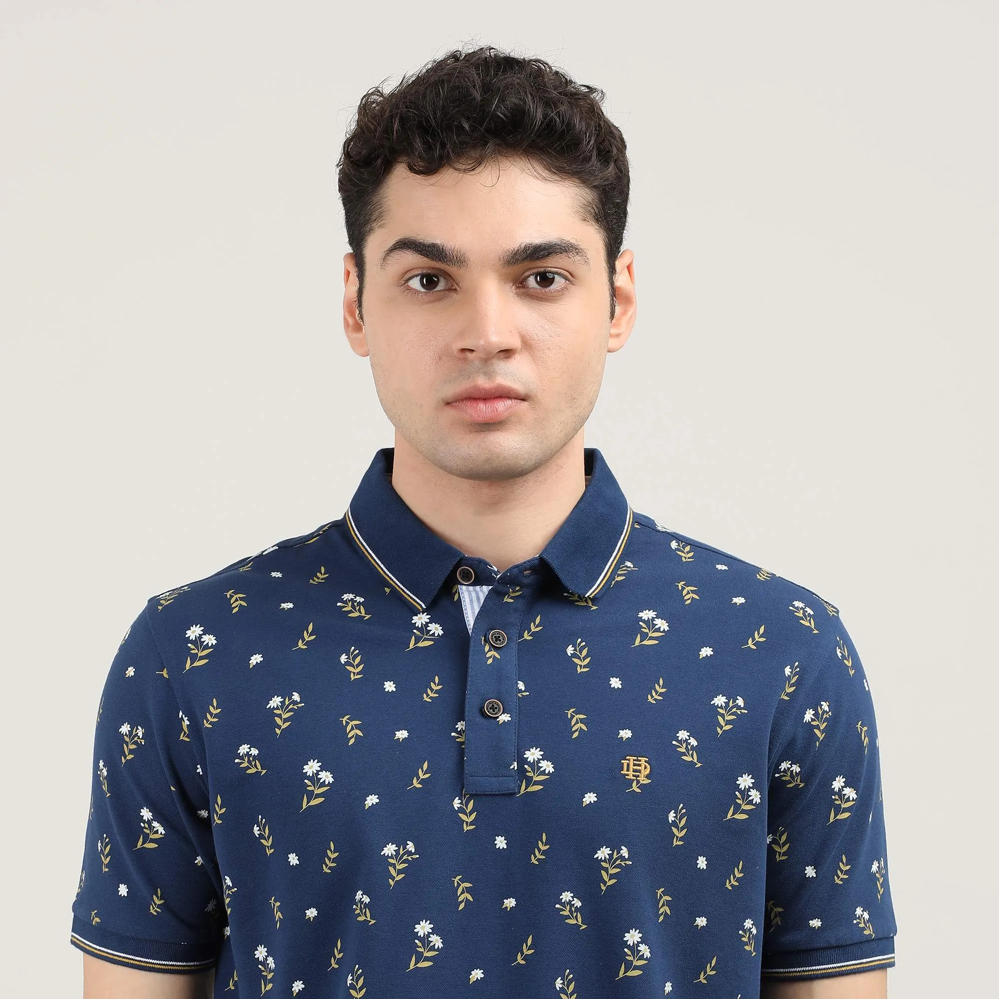 Royal Blue  Printed Polo T-shirt With Tipping Collar