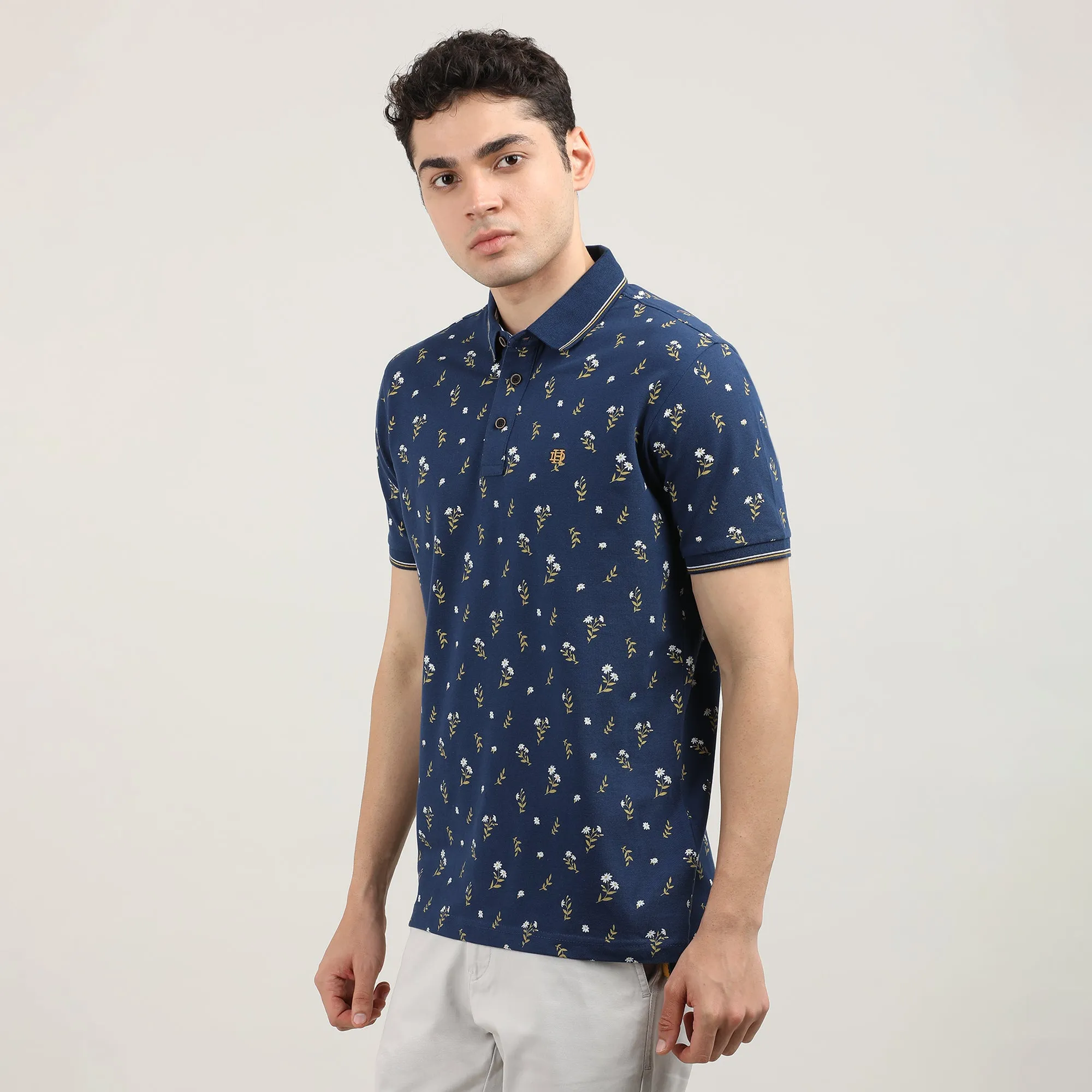 Royal Blue  Printed Polo T-shirt With Tipping Collar