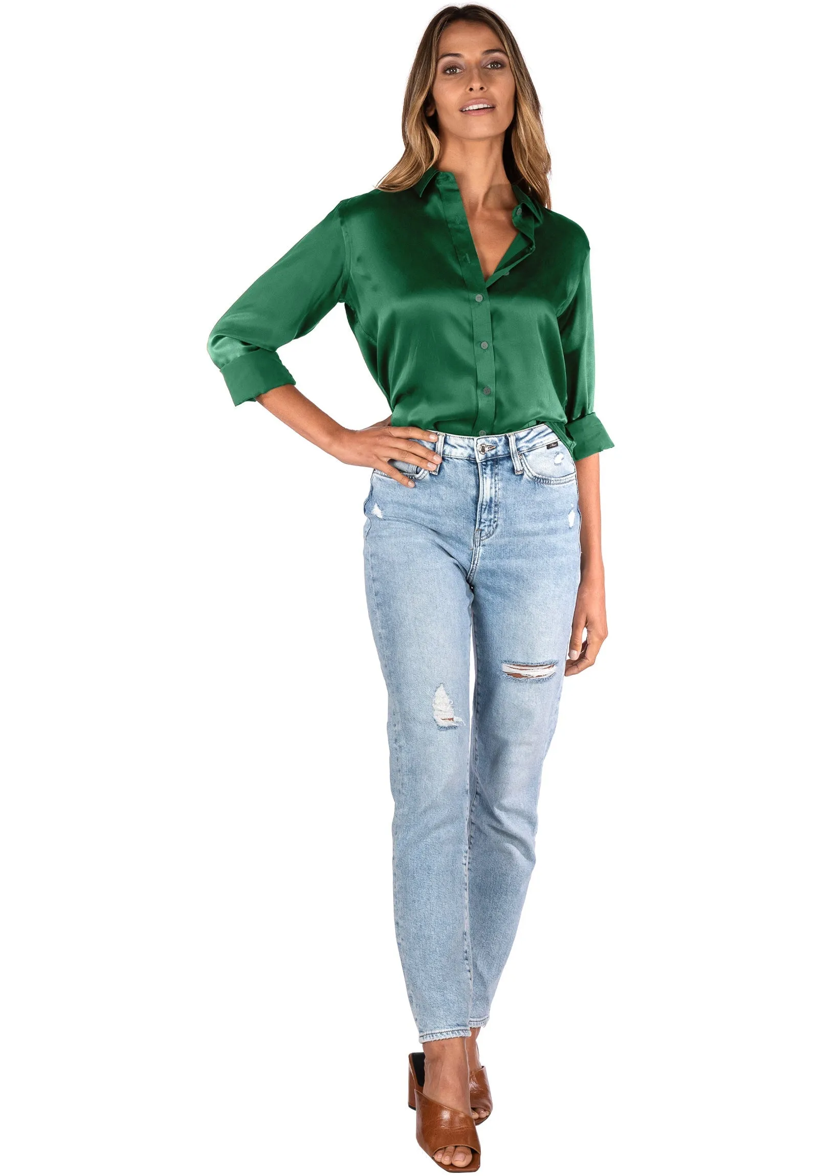 Satin-Silk Emerald Green Classic Fit Charmeuse Silk Shirt