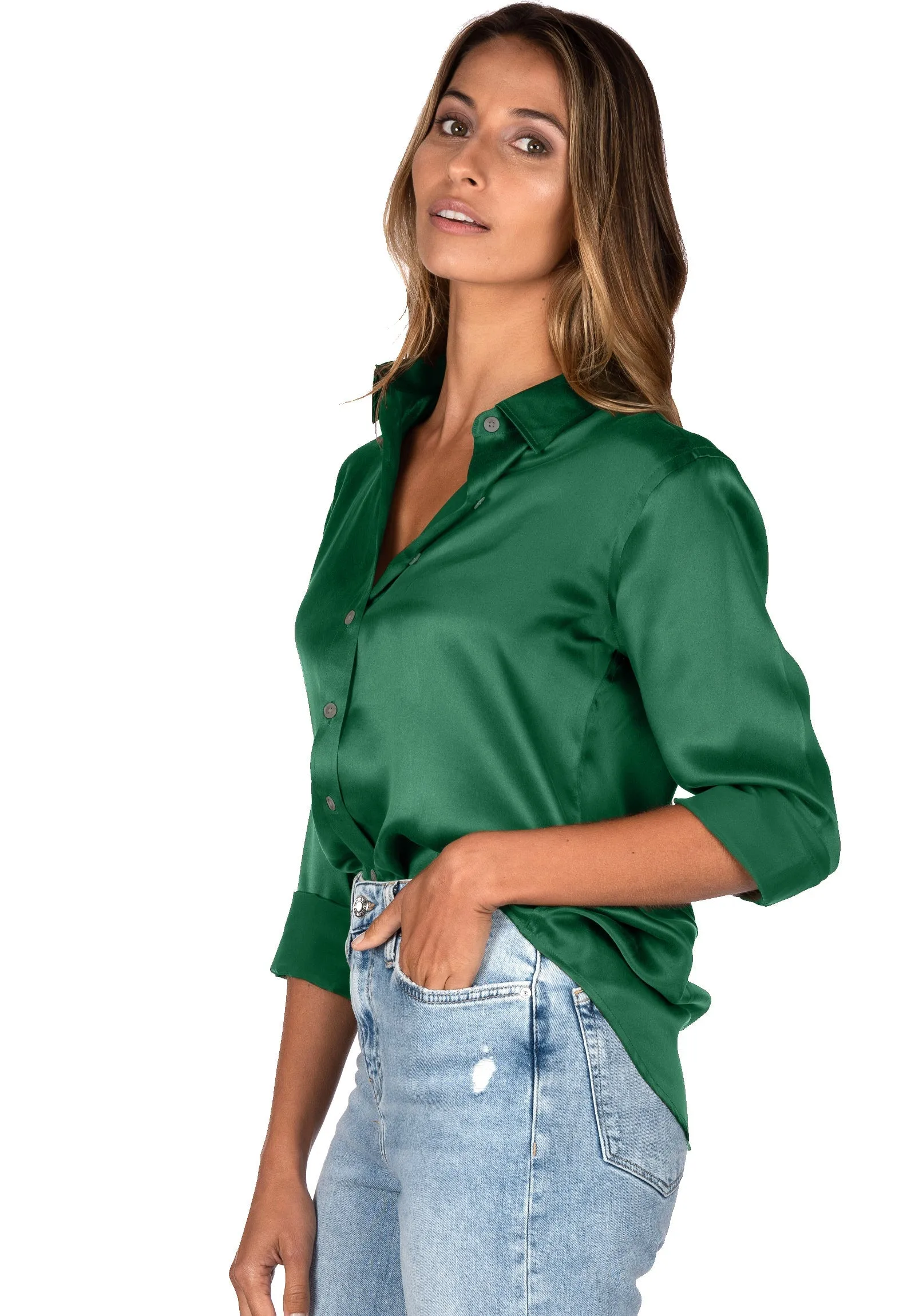 Satin-Silk Emerald Green Classic Fit Charmeuse Silk Shirt