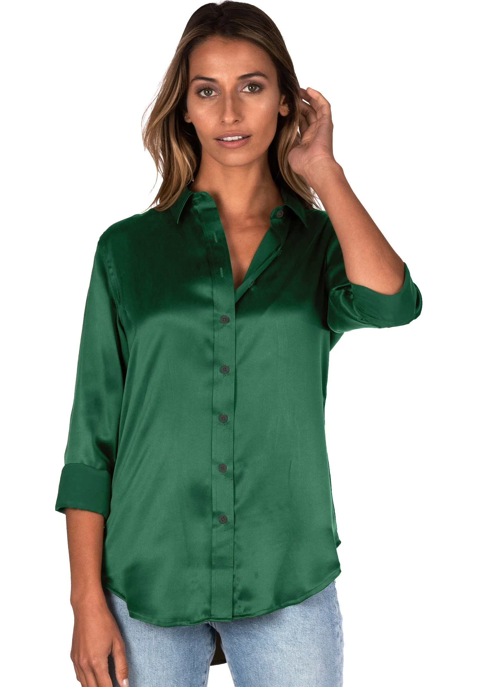 Satin-Silk Emerald Green Classic Fit Charmeuse Silk Shirt