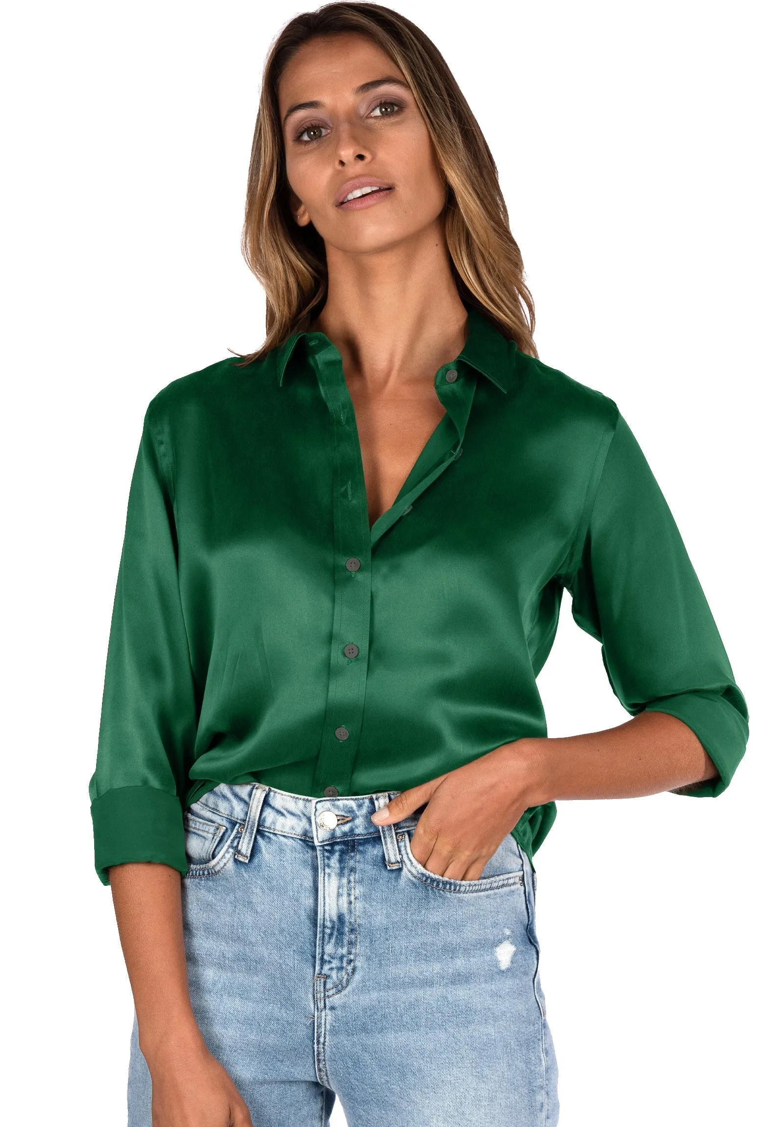 Satin-Silk Emerald Green Classic Fit Charmeuse Silk Shirt