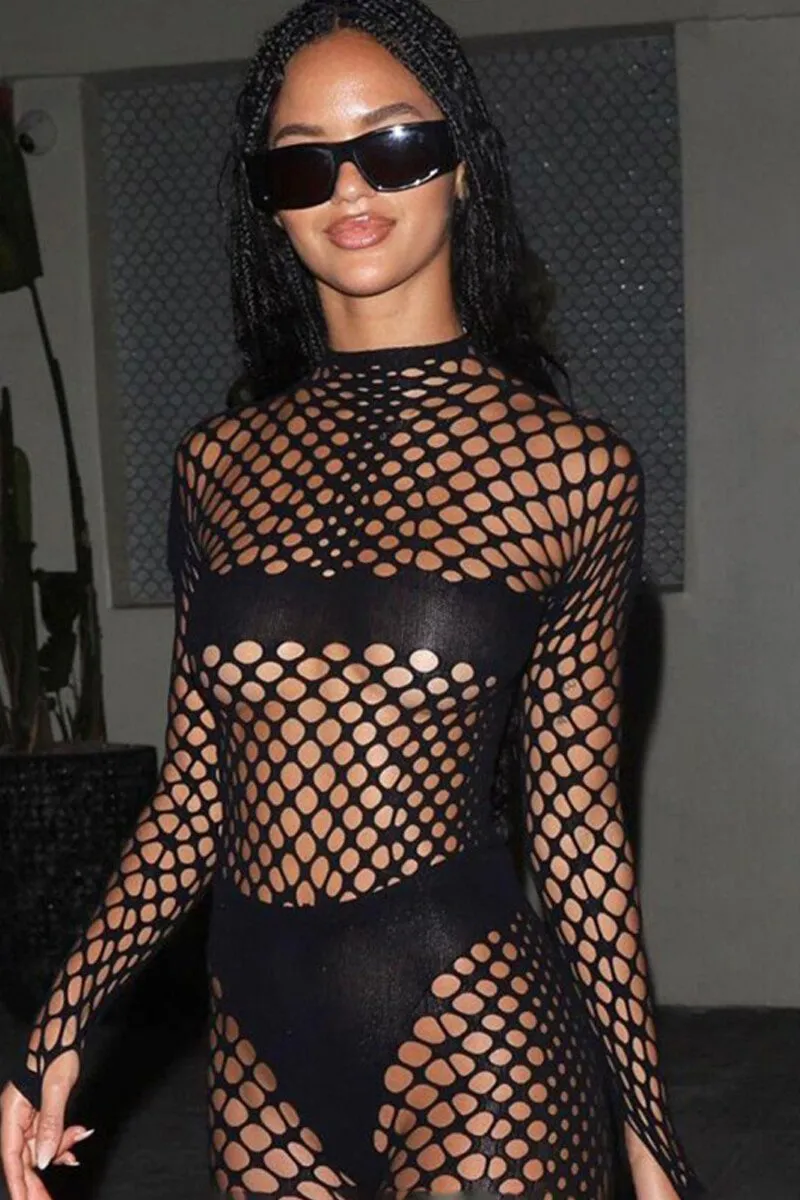 See Through Fishnet Long Sleeve Tee And Leggings Set