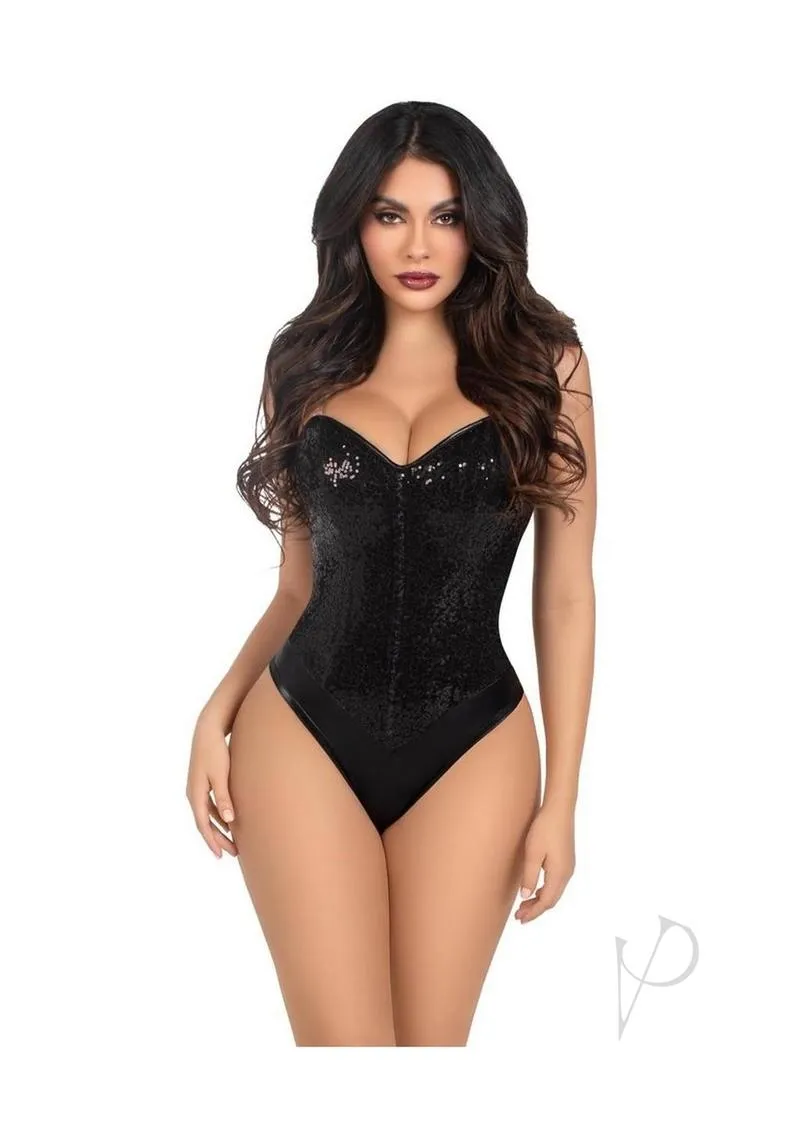 Sequin Bone Snap Bodysuit Strap Sm Blk