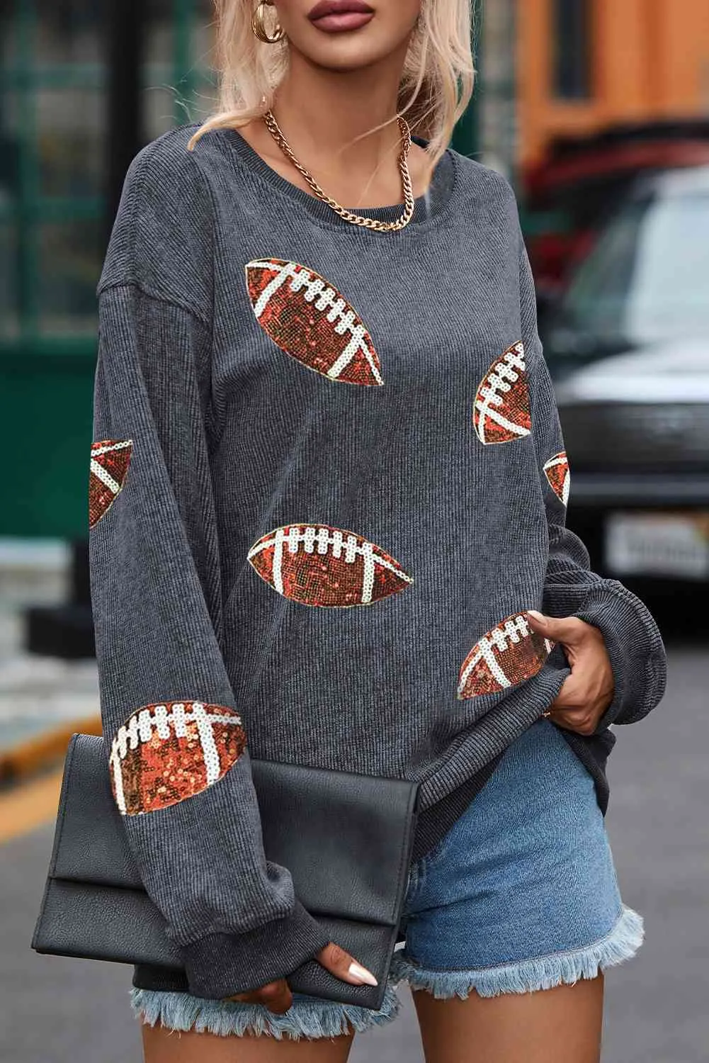 Sequin Football Patch Corduroy Sweatshirt