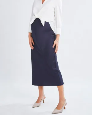 Sheena Maternity Satin-Finish Midi Work Skirt in Navy