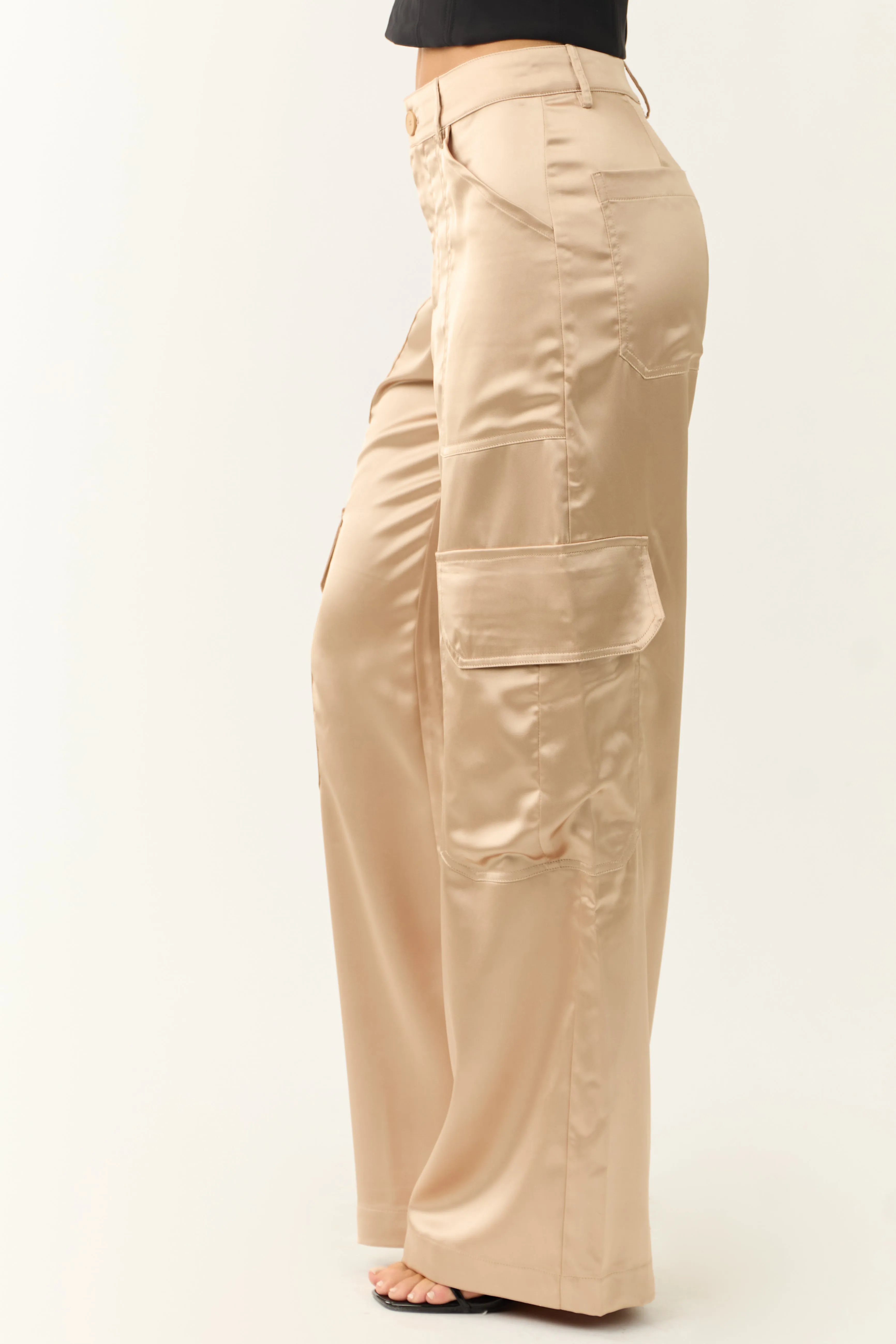 Shiny Beige Satin Cargo Wide Leg Pants