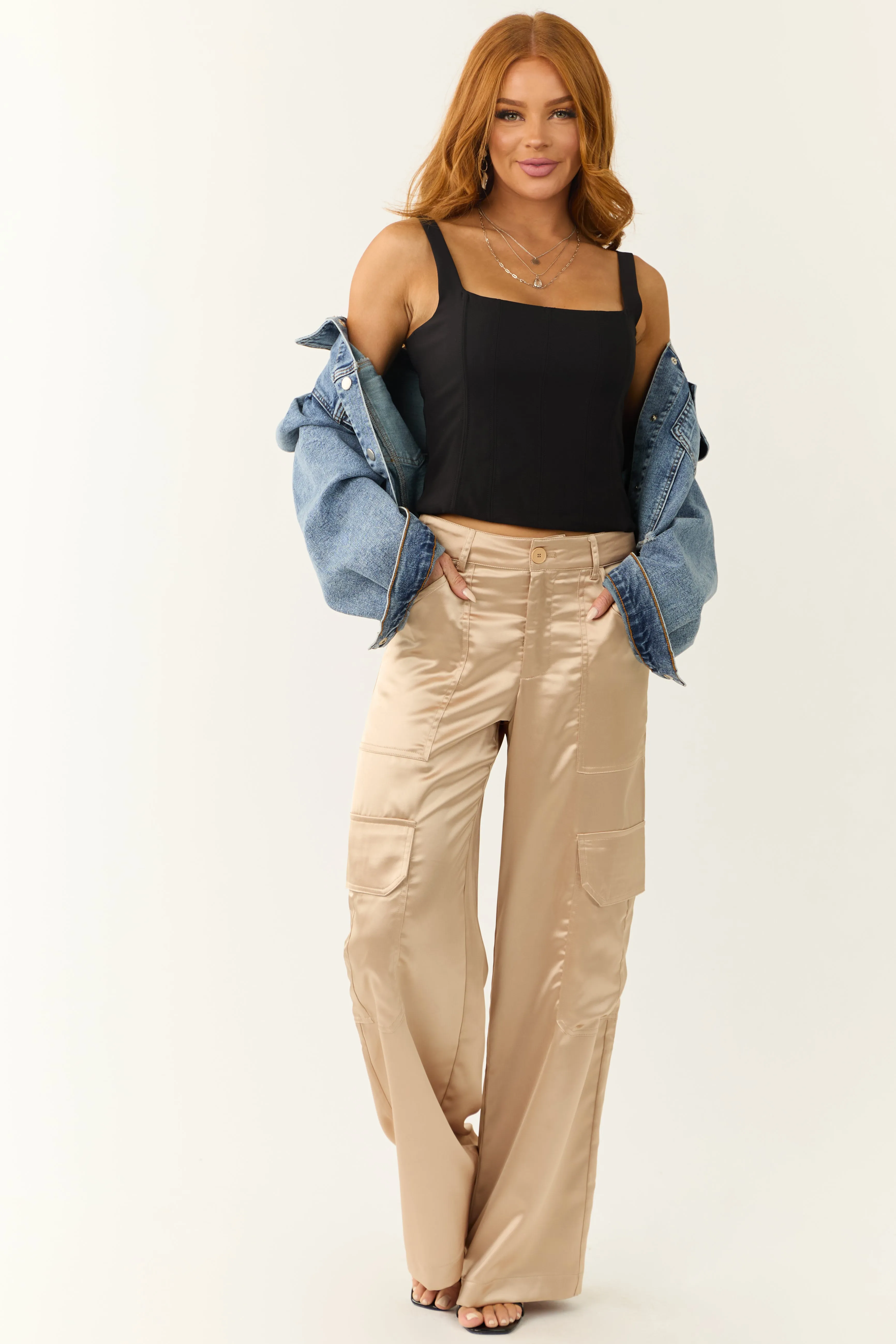 Shiny Beige Satin Cargo Wide Leg Pants