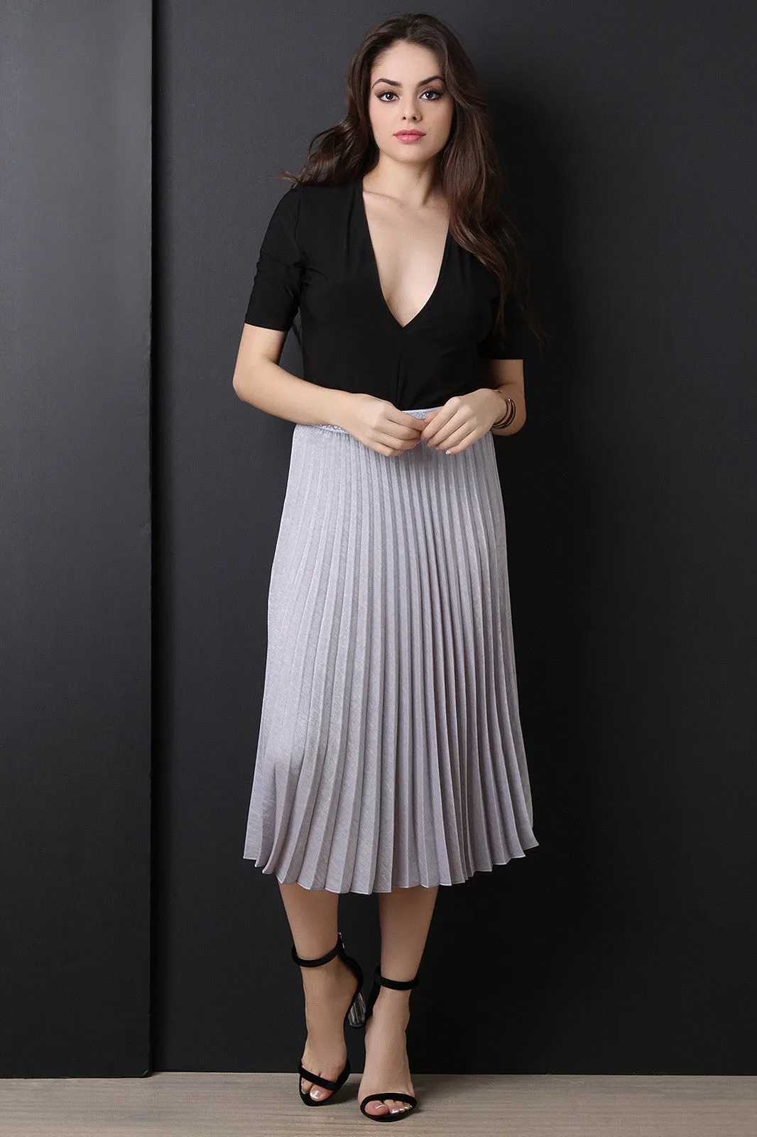 Silky High Waisted Pleated Midi Skirt