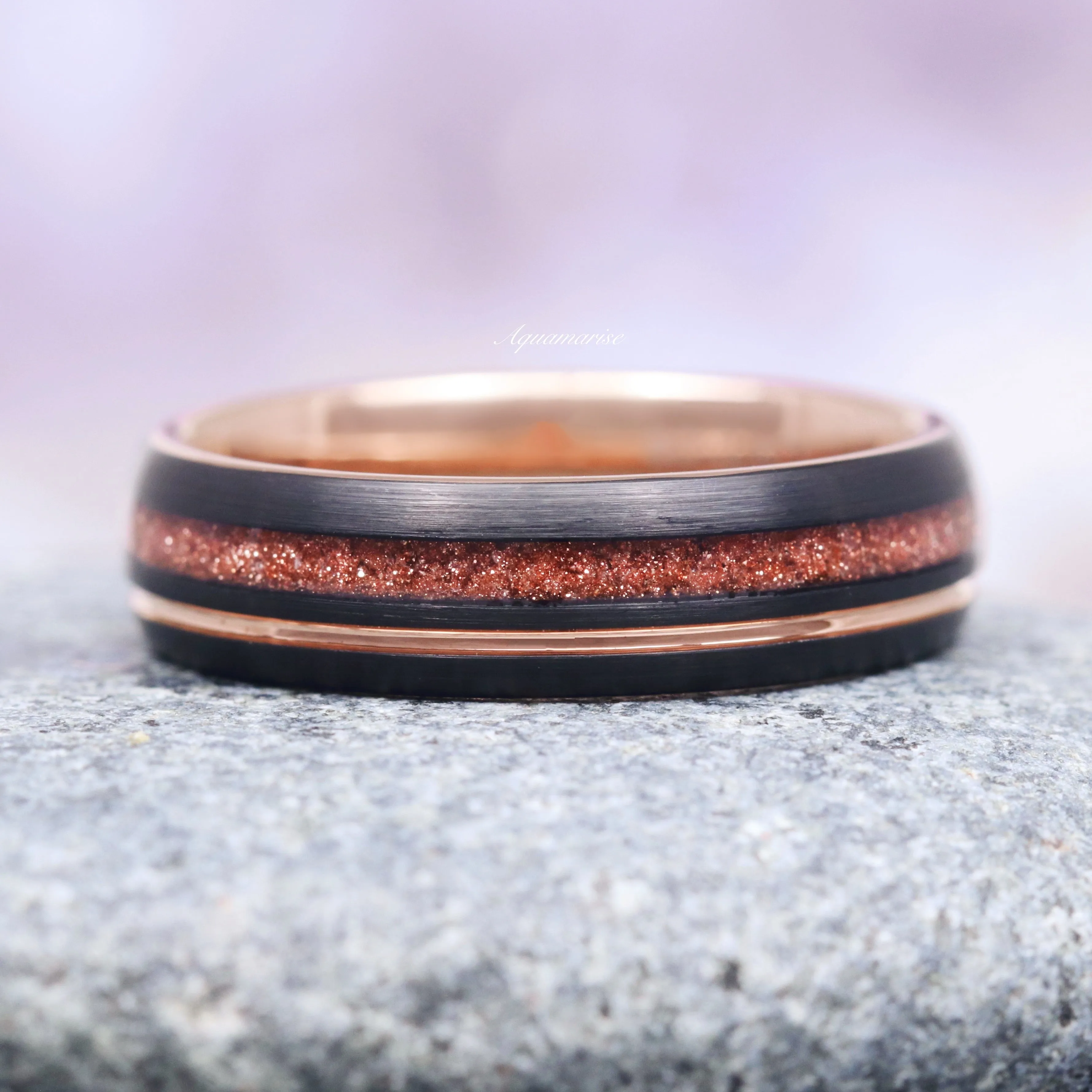 Solar Flare Orange Sandstone Wedding Band- 6MM Rose Gold/ Black Tungsten