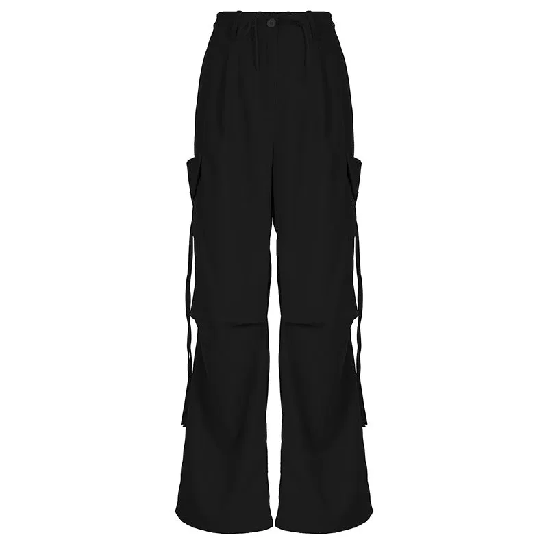 Street Three Dimensional Large Pocket Ribbon Design Loose Lace up Overalls Sexy Casual Slimming Wide Leg Pants