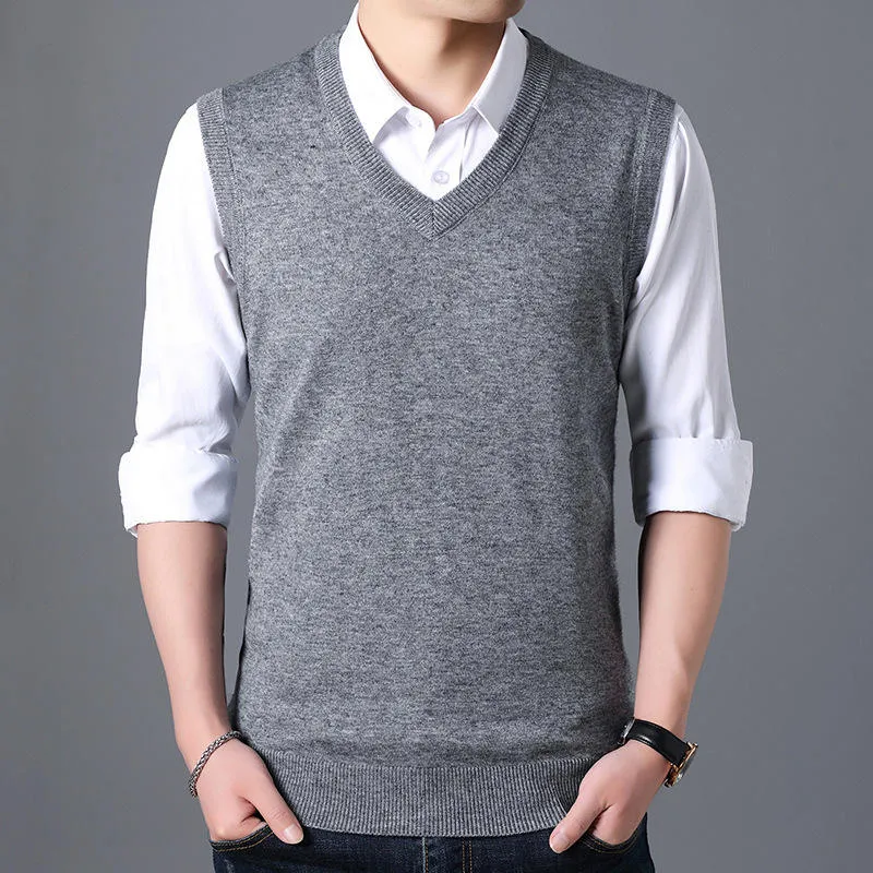 Sweater Men Autumn Winter Warm Cashmere Woolen Mens Sweaters Classic Pure Color V-Neck Sleeveless Vest Pull Homme