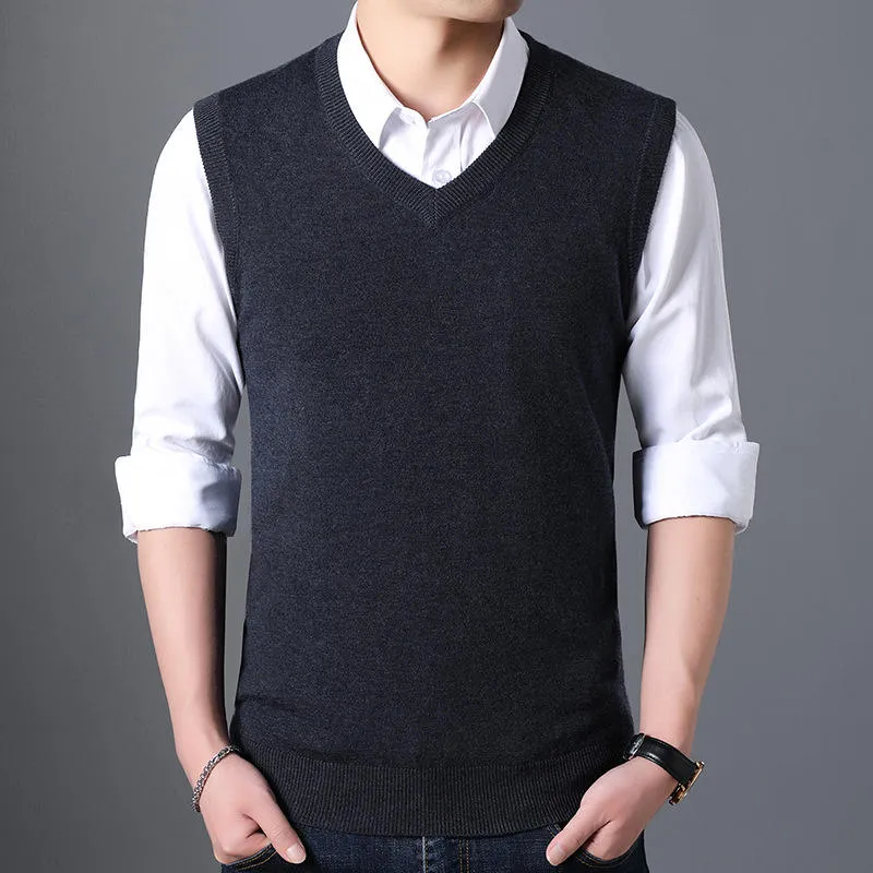 Sweater Men Autumn Winter Warm Cashmere Woolen Mens Sweaters Classic Pure Color V-Neck Sleeveless Vest Pull Homme