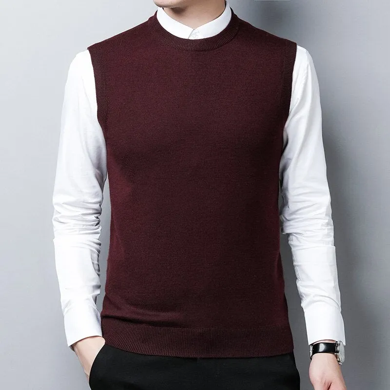 Sweater Men Autumn Winter Warm Cashmere Woolen Mens Sweaters Classic Pure Color V-Neck Sleeveless Vest Pull Homme