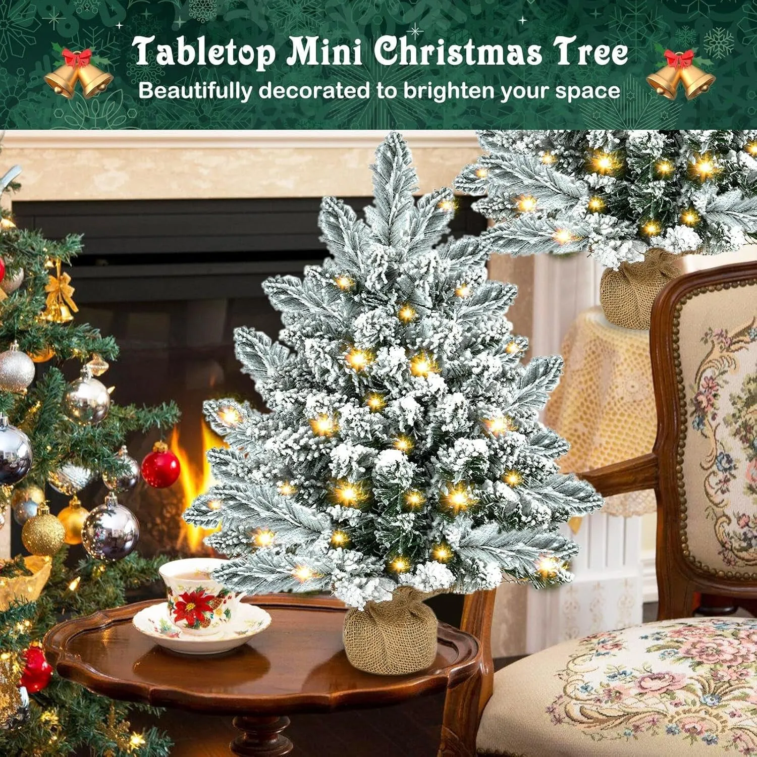 Tabletop Christmas Tree, 20 inch Artificial Mini Christmas Tree with LED Lights, Snow Flocked Xmas Tree with Burlap Base, Table Desktop Christmas Tree for Home Office Christmas Holiday Decorations