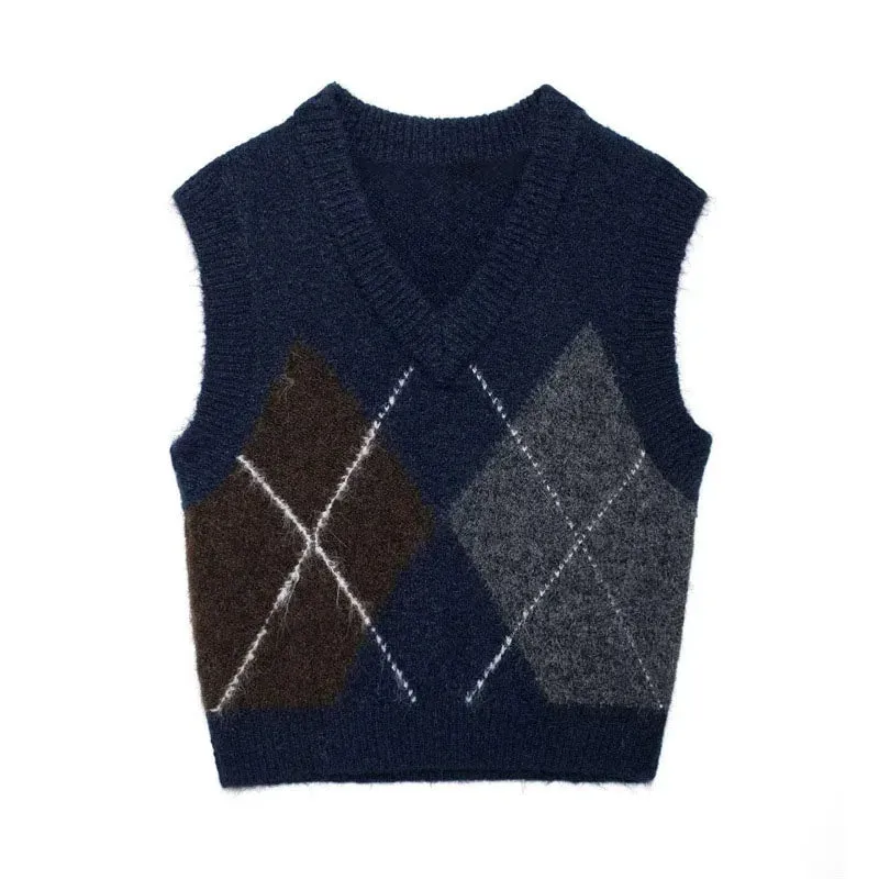 TAVIMART  -  Women Diamond Pattern Knitted Vest Sleeveless V-neck Cropped Sweaters Vests Female Sweet Pullover New Ladies Waistcoat Top